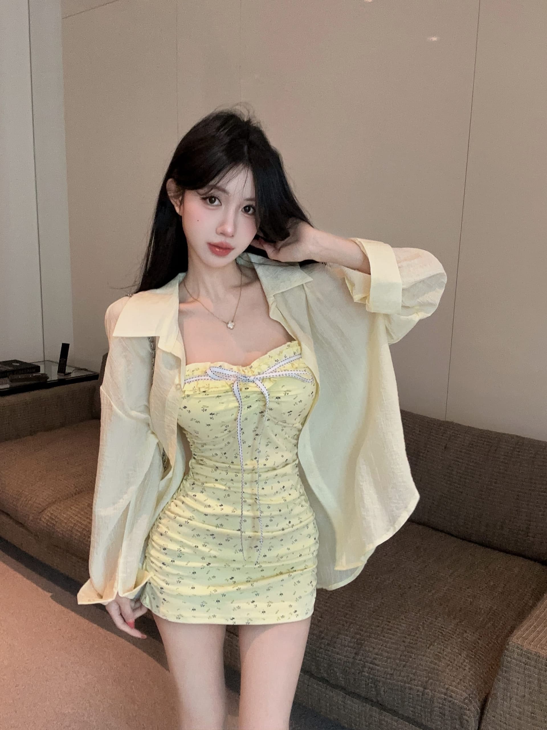 실사 정가 프랑스식 나비 매듭 꽃무늬 몸매 가꾸기 슬림해 보이는 튜브탑 드레스 자외선 차단 셔츠 투피스 슈트 여성 상세 이미지 7