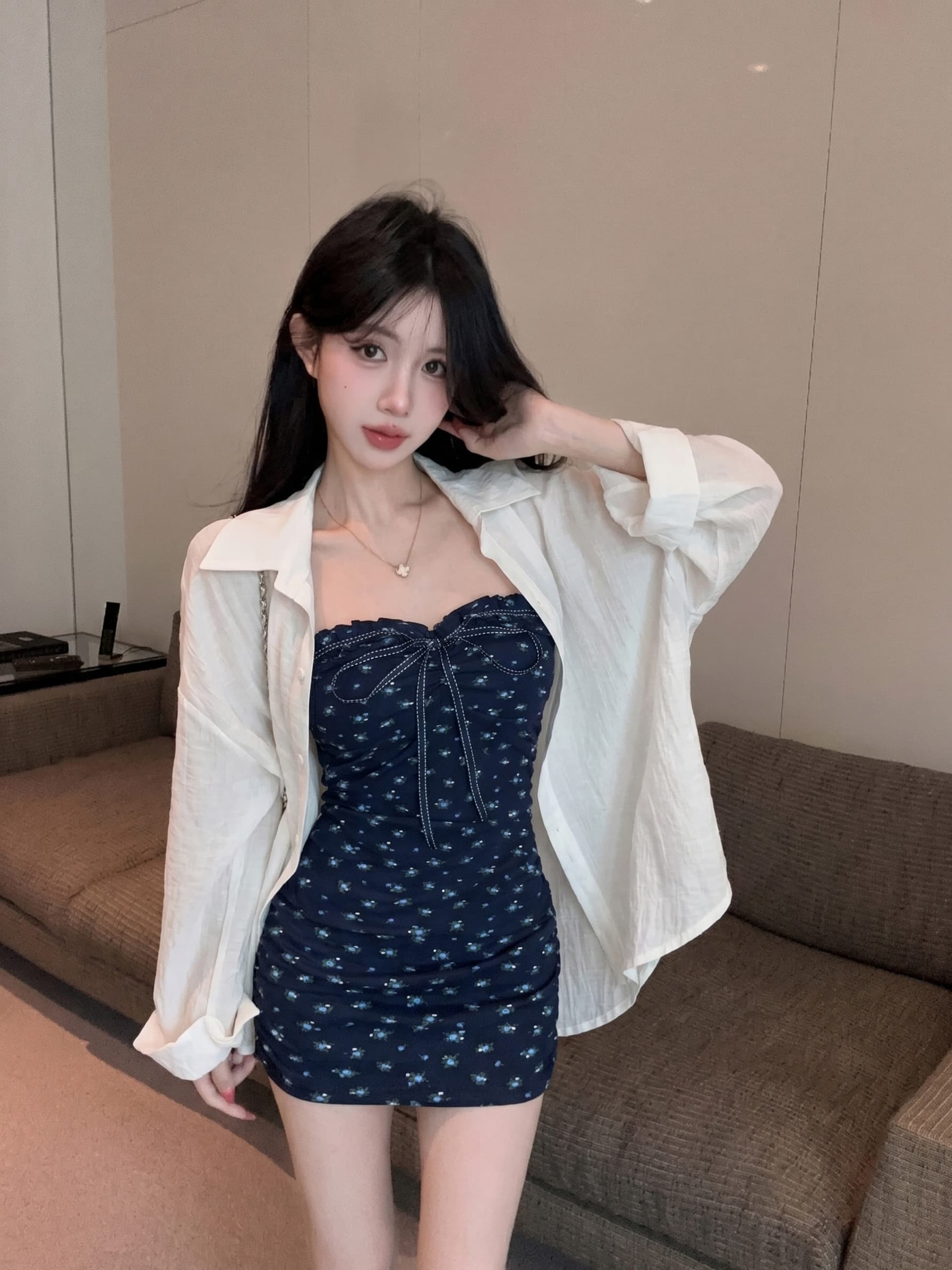 실사 정가 프랑스식 나비 매듭 꽃무늬 몸매 가꾸기 슬림해 보이는 튜브탑 드레스 자외선 차단 셔츠 투피스 슈트 여성 상세 이미지 14