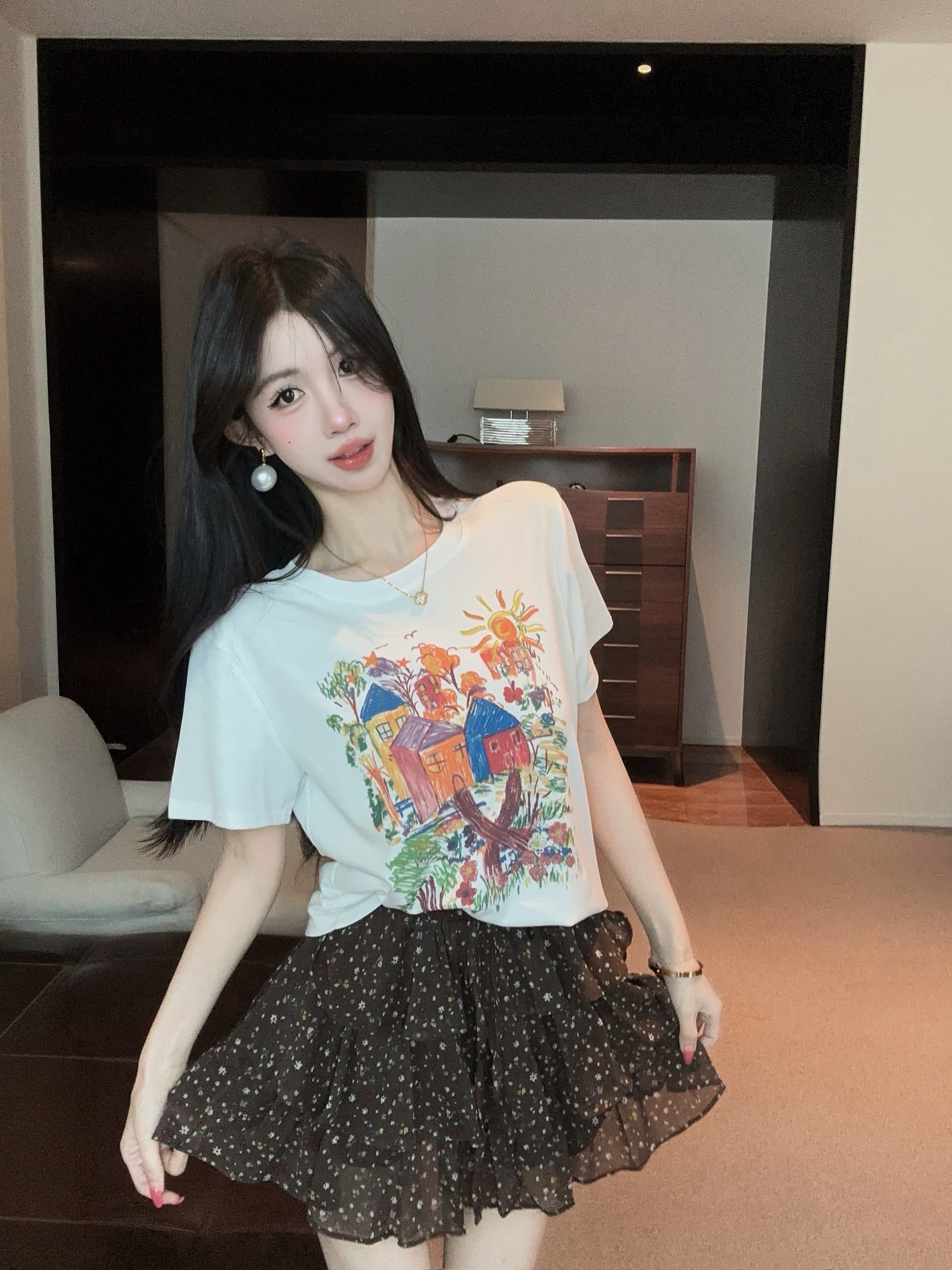 실사 정가 여름 새로운 달콤함 크레용 만화 프린트 반팔 티셔츠 꽃무늬 미니 스커트 투피스 슈트 여성 이미지 2