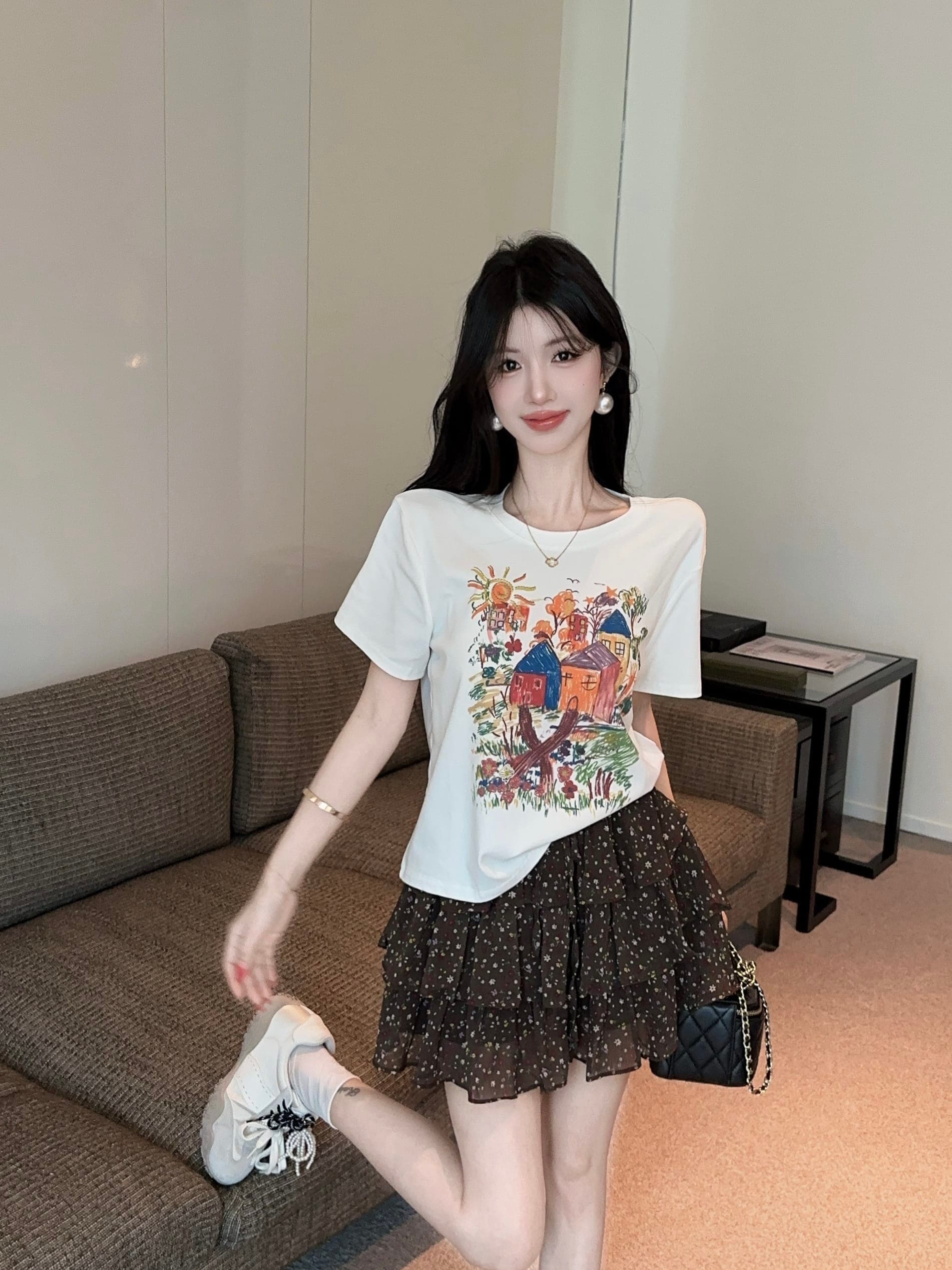 실사 정가 여름 새로운 달콤함 크레용 만화 프린트 반팔 티셔츠 꽃무늬 미니 스커트 투피스 슈트 여성 상세 이미지 5