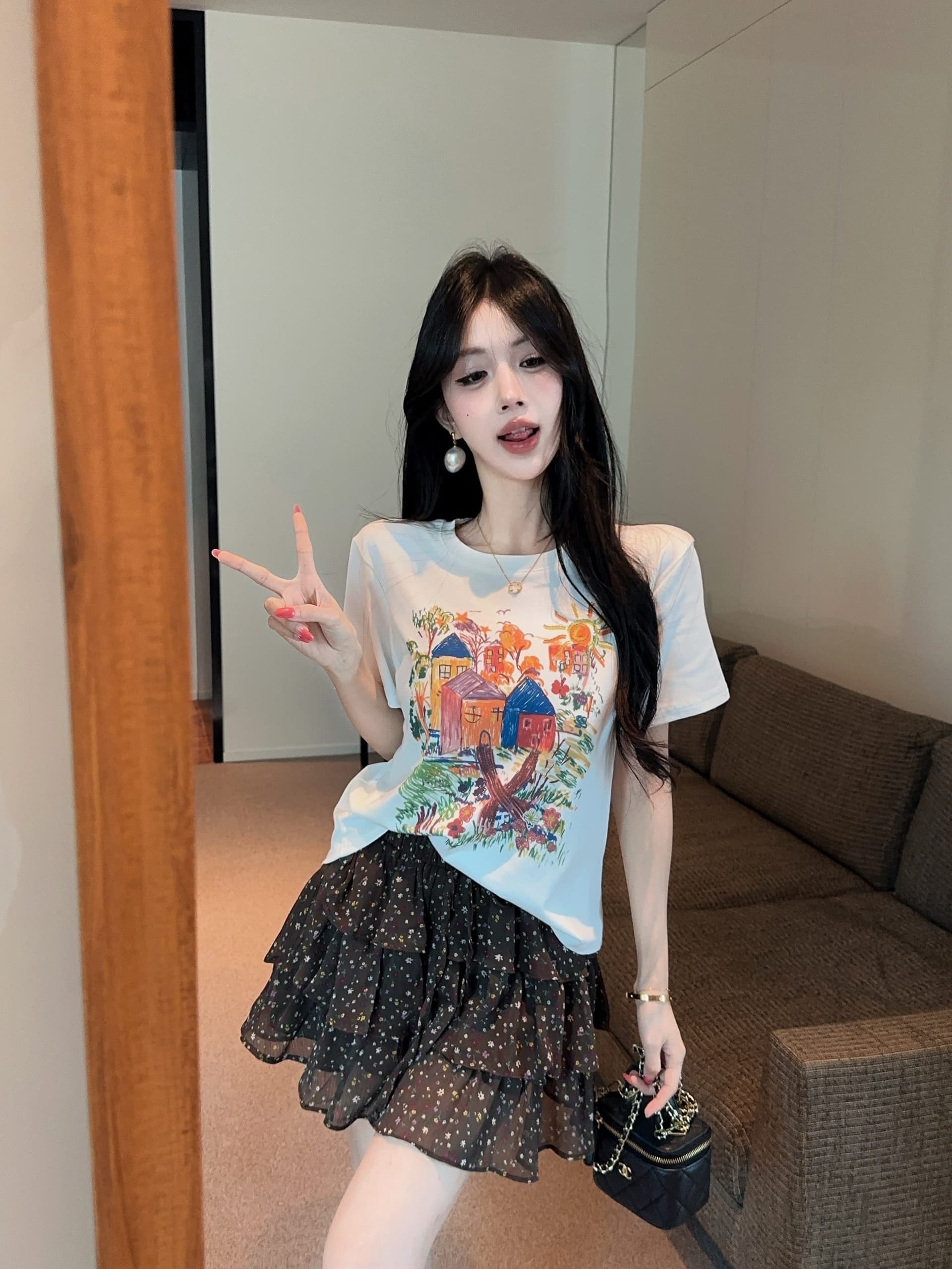 실사 정가 여름 새로운 달콤함 크레용 만화 프린트 반팔 티셔츠 꽃무늬 미니 스커트 투피스 슈트 여성 상세 이미지 7