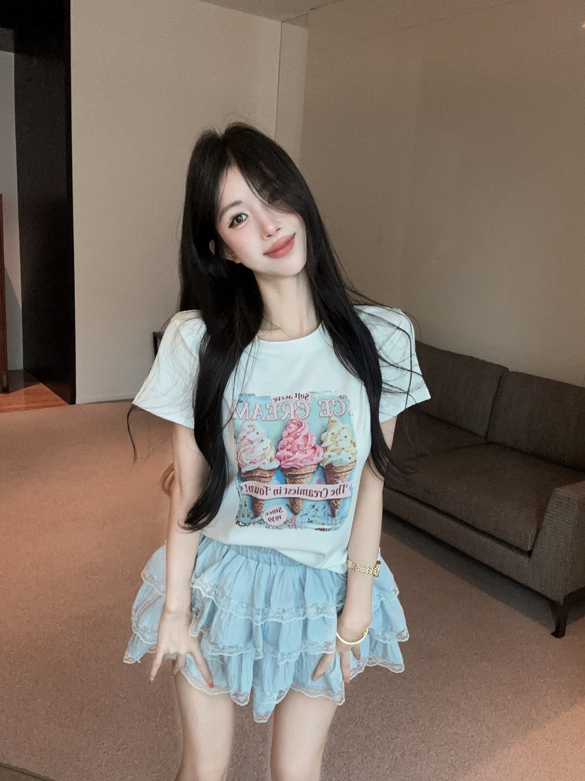 실사 정가 수공 비즈 박기 아이스크림 프린트 반팔 라운드 넥 티셔츠 여성 레이스 측면 미니 스커트 투피스 슈트 상세 이미지 5