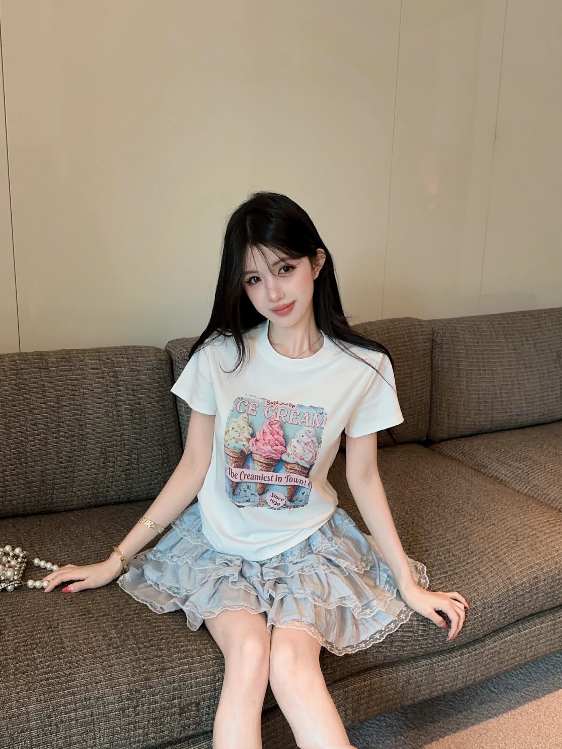 실사 정가 수공 비즈 박기 아이스크림 프린트 반팔 라운드 넥 티셔츠 여성 레이스 측면 미니 스커트 투피스 슈트 상세 이미지 6