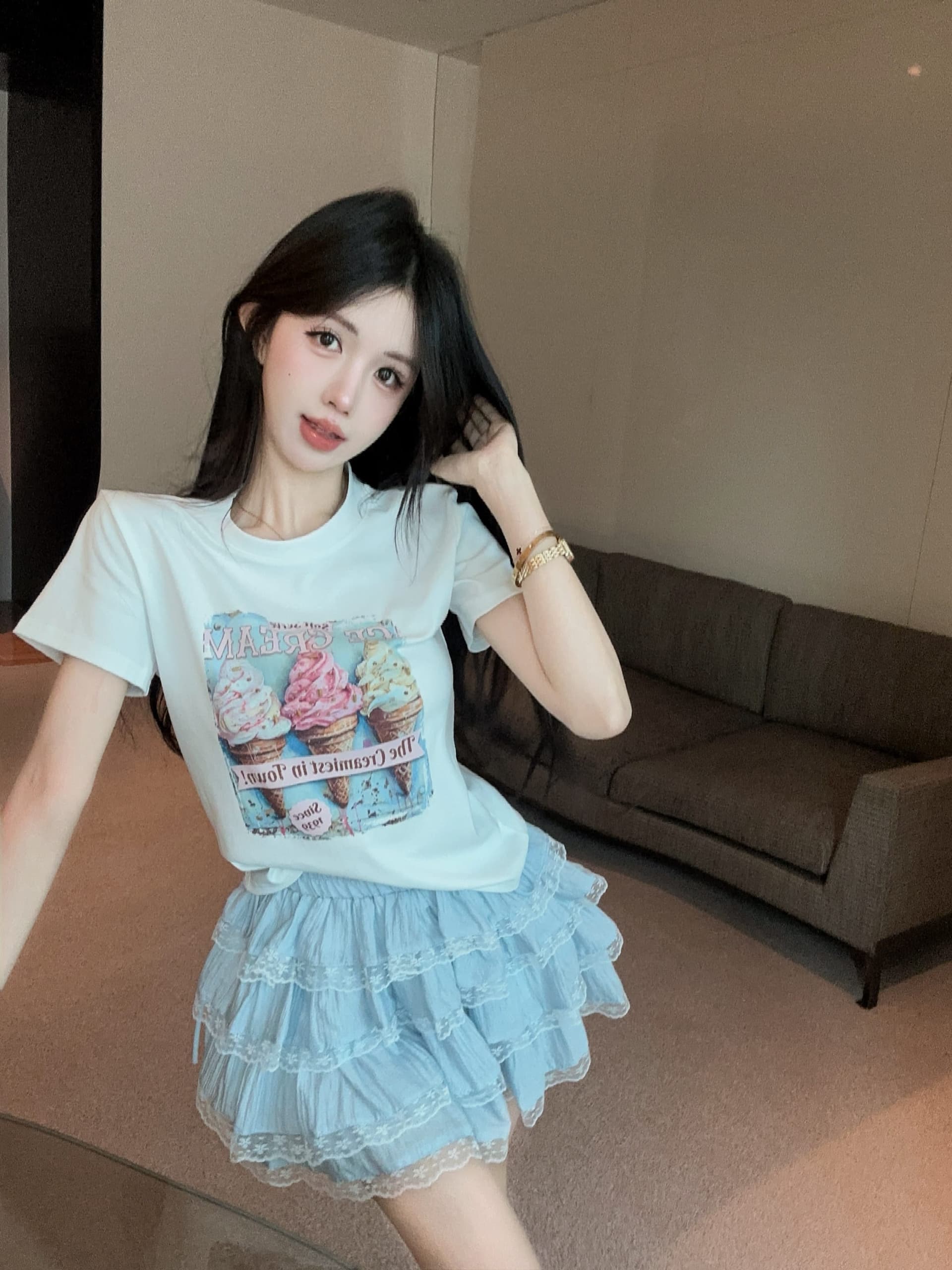 실사 정가 수공 비즈 박기 아이스크림 프린트 반팔 라운드 넥 티셔츠 여성 레이스 측면 미니 스커트 투피스 슈트 상세 이미지 7