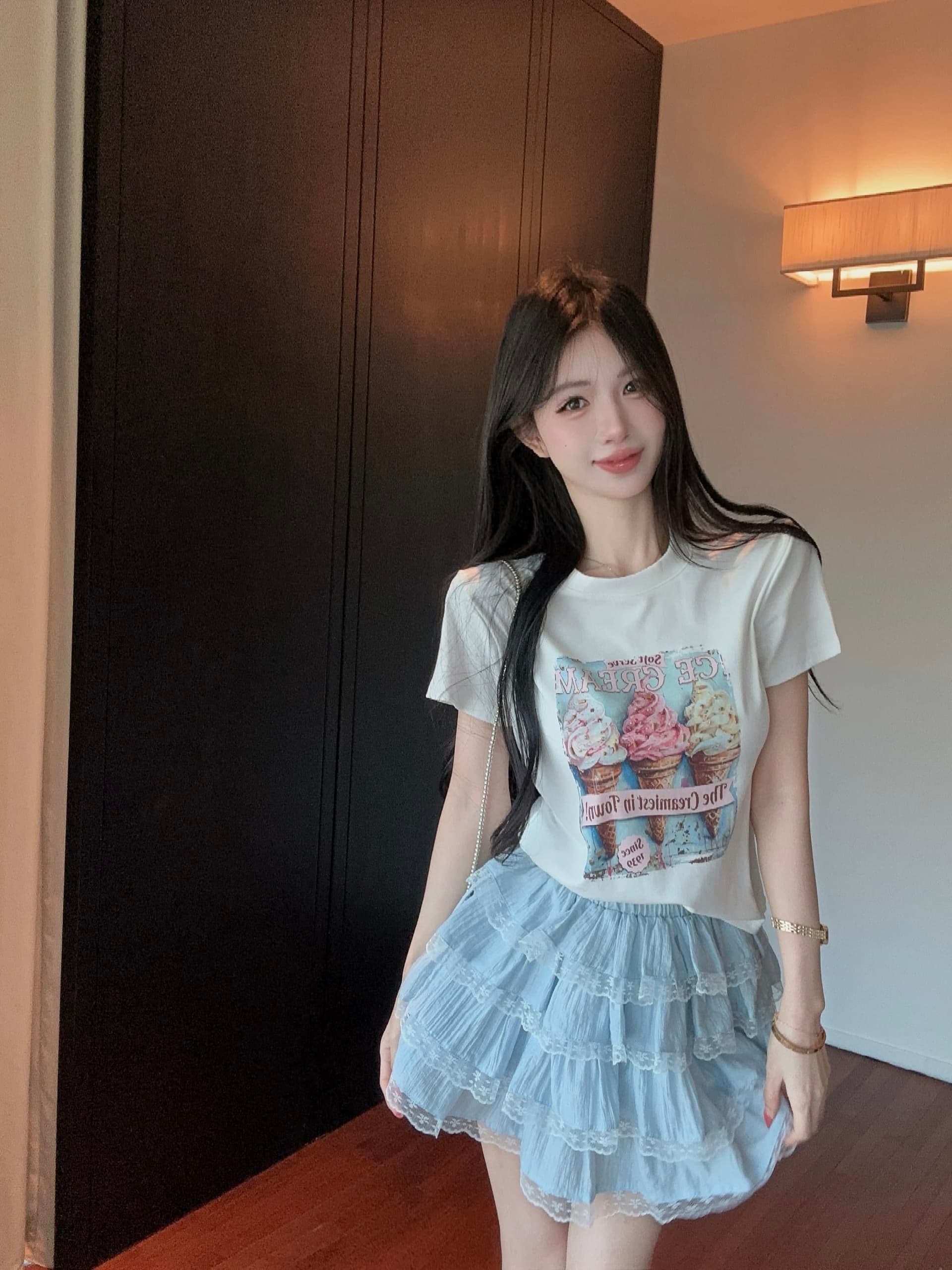 실사 정가 수공 비즈 박기 아이스크림 프린트 반팔 라운드 넥 티셔츠 여성 레이스 측면 미니 스커트 투피스 슈트 상세 이미지 9