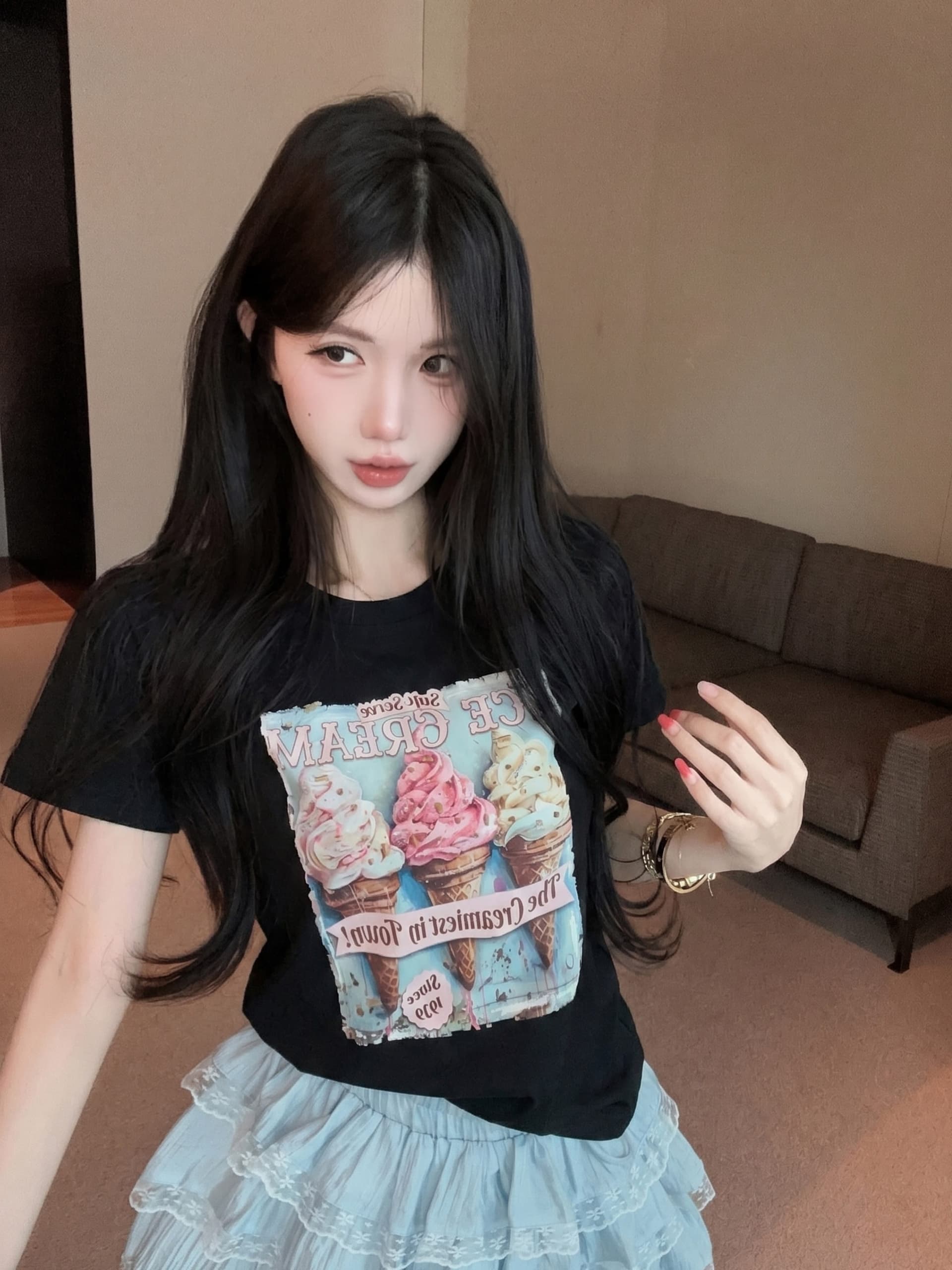 실사 정가 수공 비즈 박기 아이스크림 프린트 반팔 라운드 넥 티셔츠 여성 레이스 측면 미니 스커트 투피스 슈트 상세 이미지 12