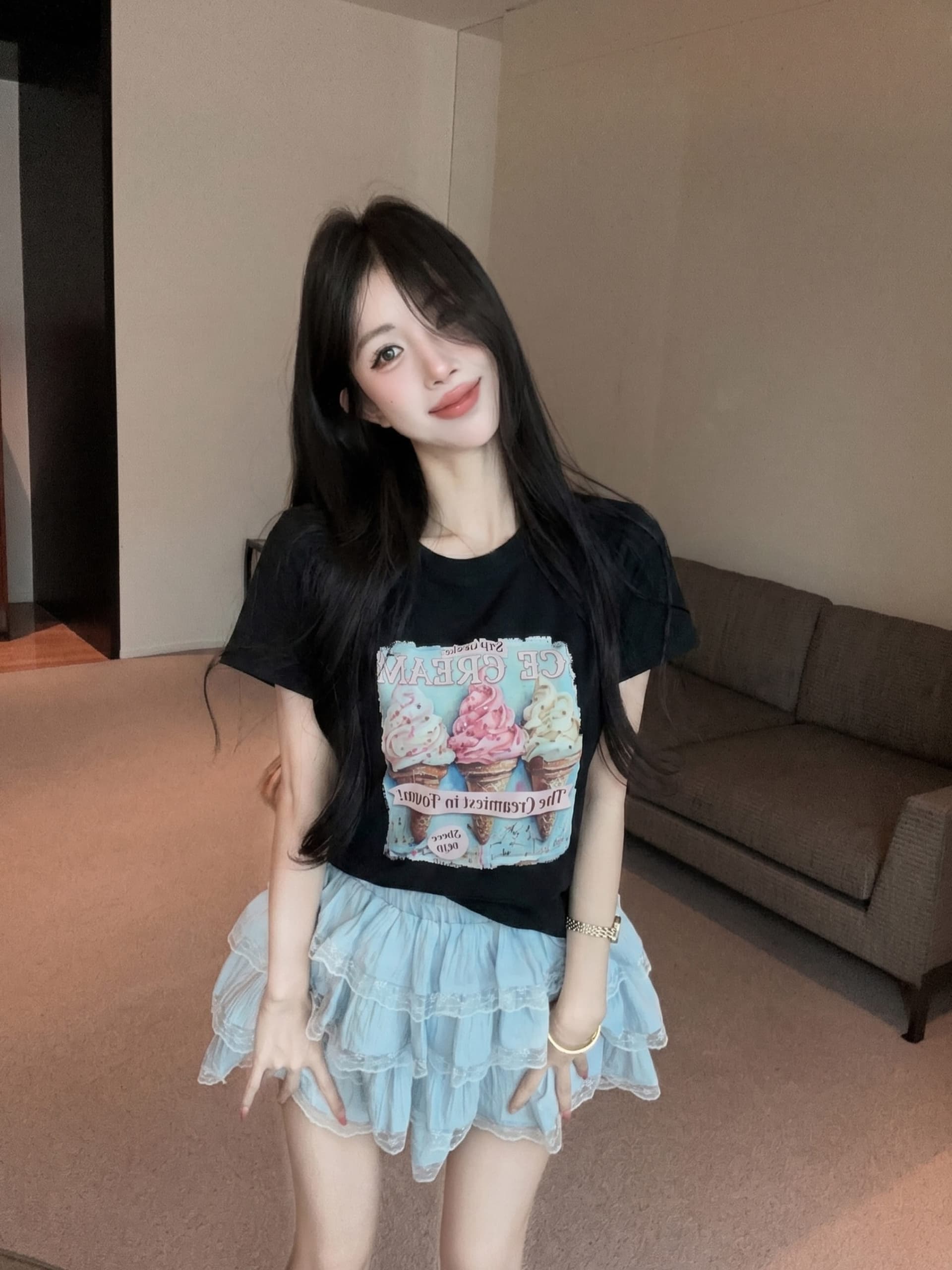 실사 정가 수공 비즈 박기 아이스크림 프린트 반팔 라운드 넥 티셔츠 여성 레이스 측면 미니 스커트 투피스 슈트 상세 이미지 14