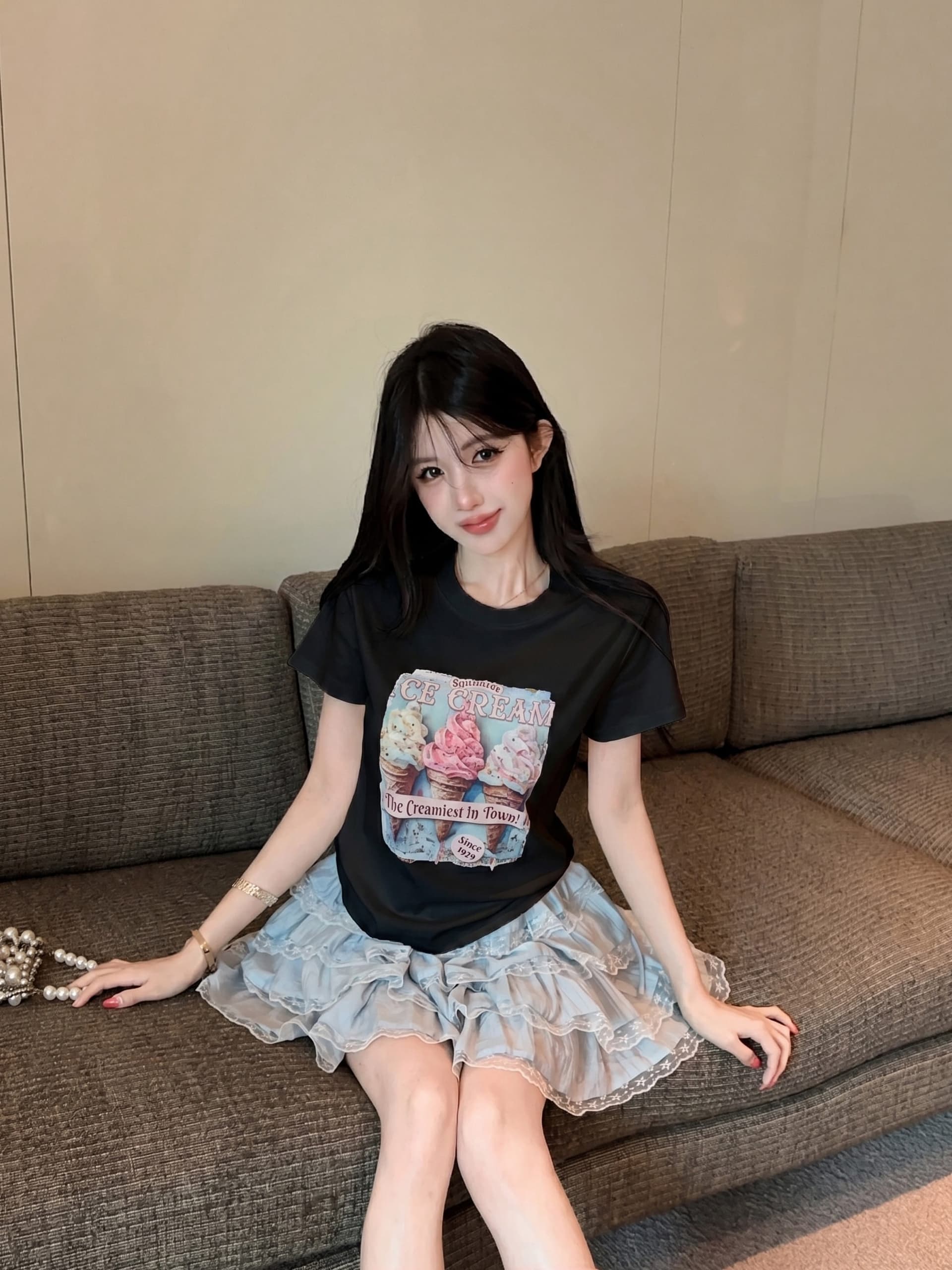 실사 정가 수공 비즈 박기 아이스크림 프린트 반팔 라운드 넥 티셔츠 여성 레이스 측면 미니 스커트 투피스 슈트 상세 이미지 15