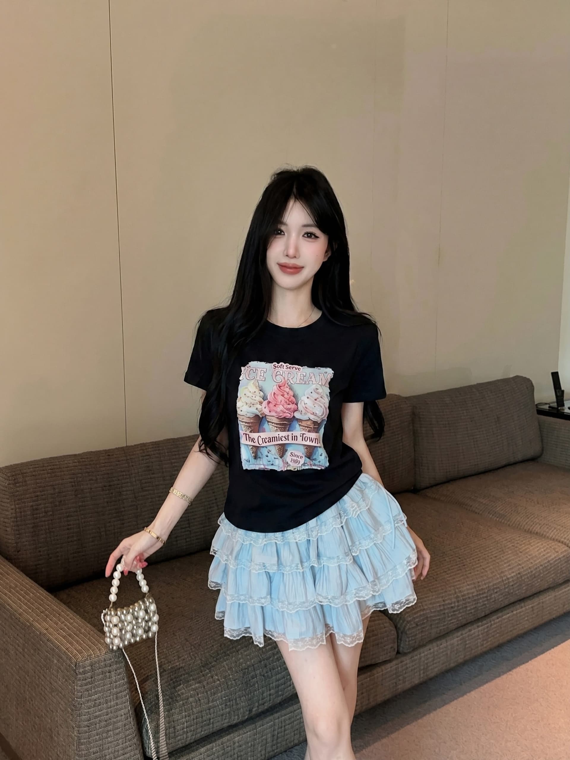 실사 정가 수공 비즈 박기 아이스크림 프린트 반팔 라운드 넥 티셔츠 여성 레이스 측면 미니 스커트 투피스 슈트 상세 이미지 17