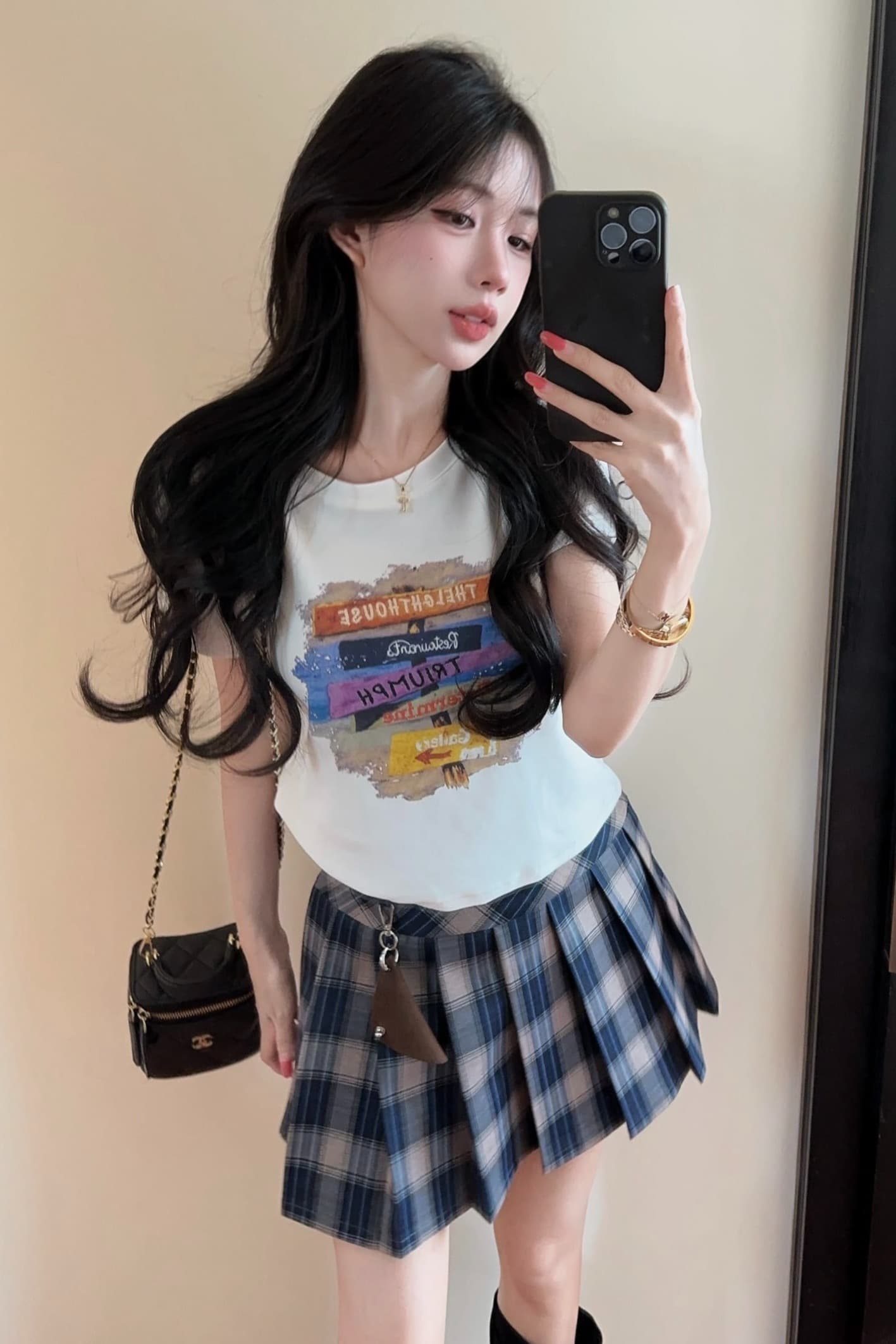 실사 정가 벨트 행침 장식 자수 알파벳 프린트 라운드 넥 반팔 티셔츠 여성 하이웨이스트 플리츠 스커트 투피스 슈트 이미지 6