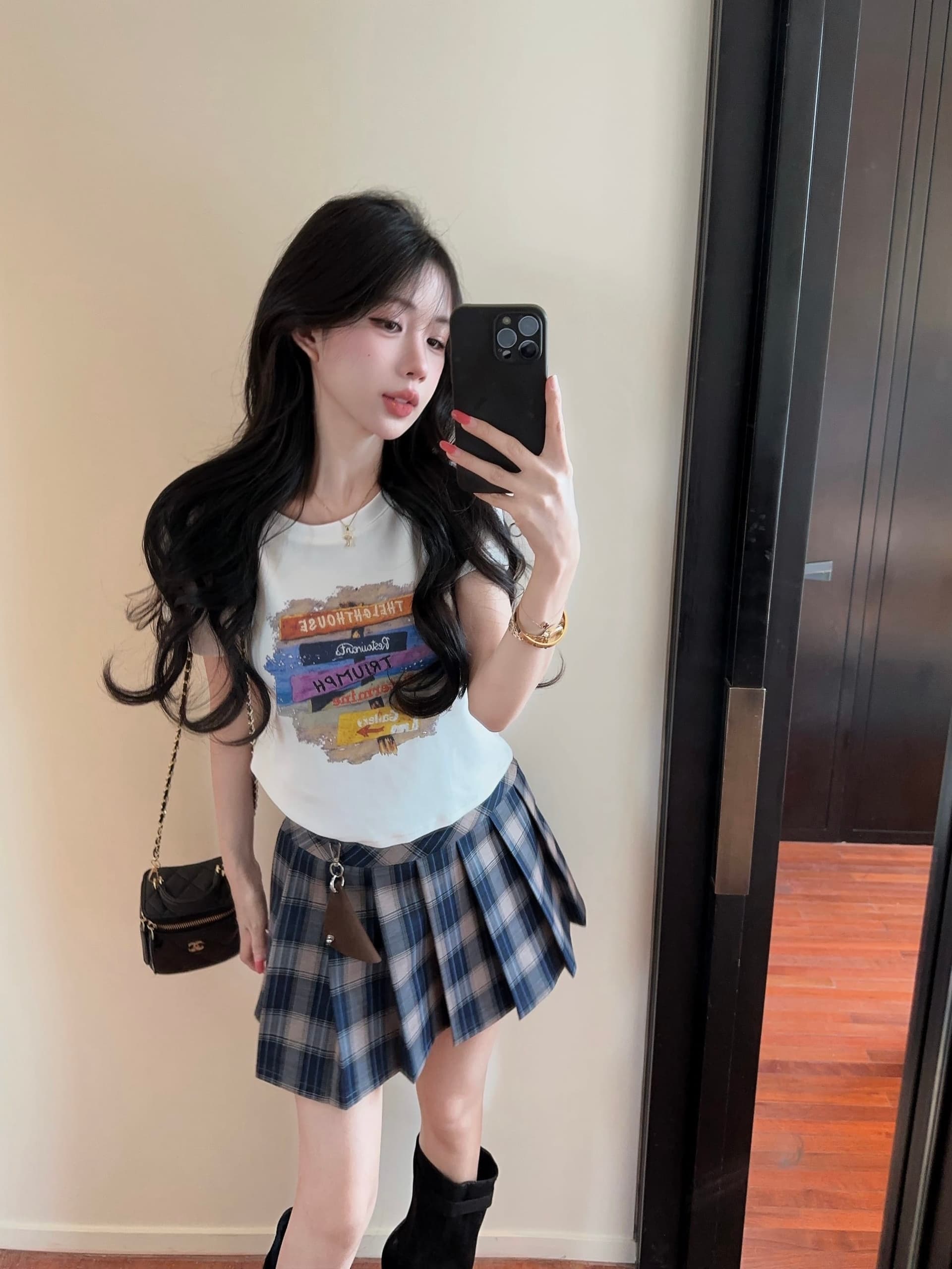 실사 정가 벨트 행침 장식 자수 알파벳 프린트 라운드 넥 반팔 티셔츠 여성 하이웨이스트 플리츠 스커트 투피스 슈트 상세 이미지 5