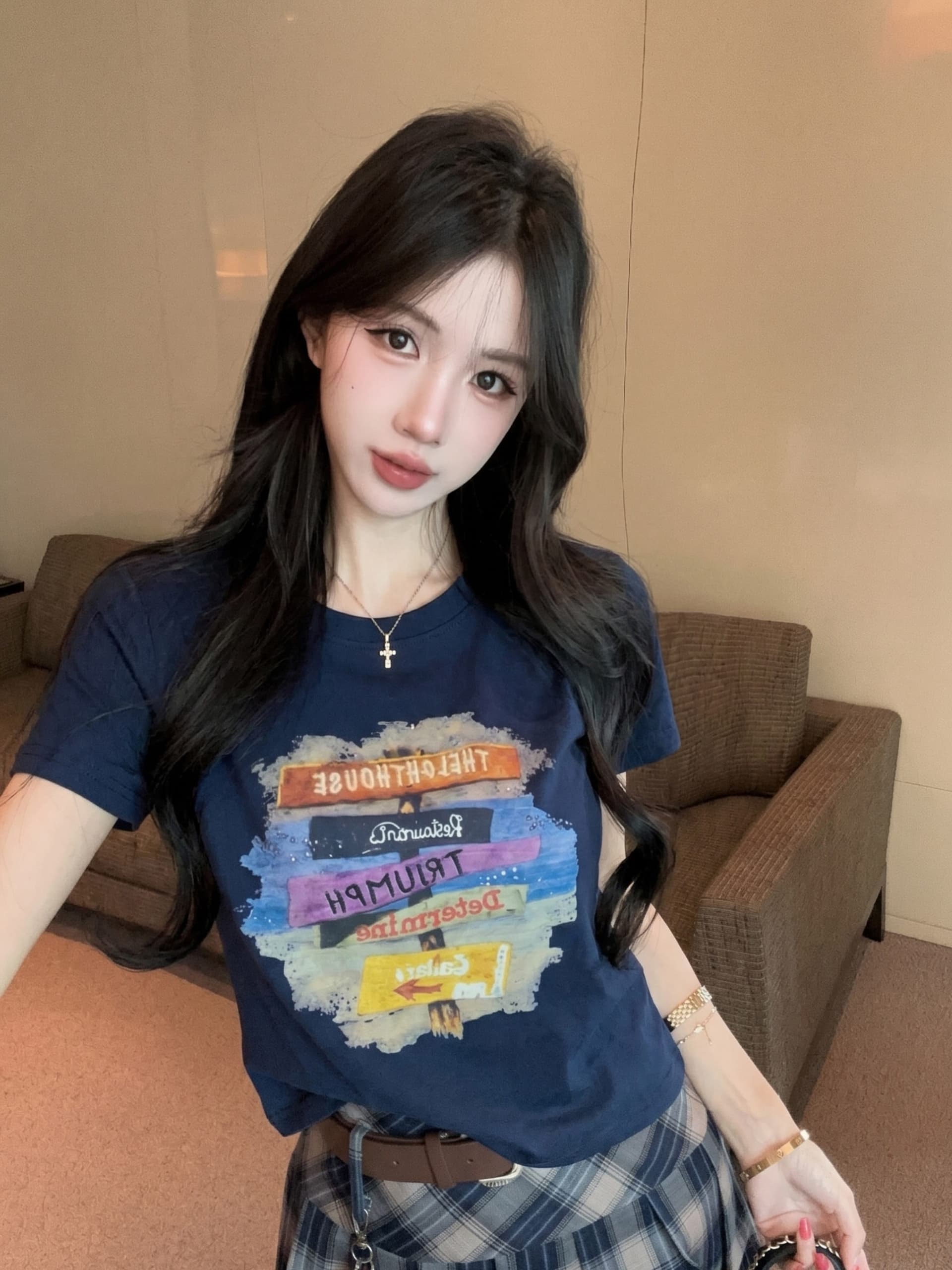 실사 정가 벨트 행침 장식 자수 알파벳 프린트 라운드 넥 반팔 티셔츠 여성 하이웨이스트 플리츠 스커트 투피스 슈트 상세 이미지 18