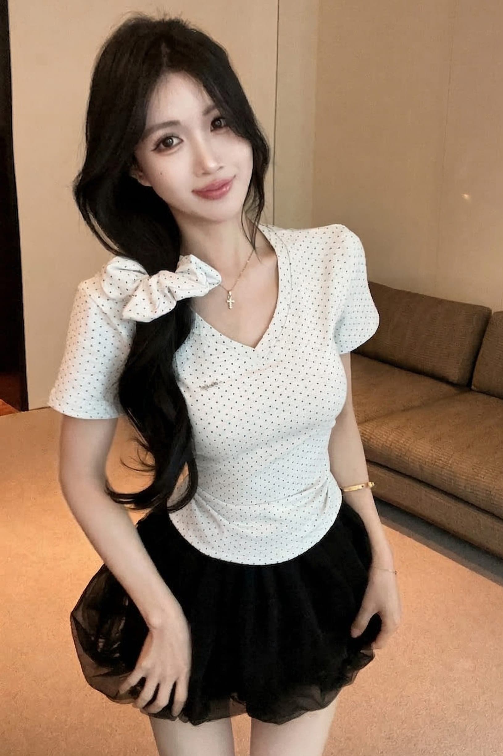실사 정가 새로운 품격 보내기 헤드 로프 별 도트 무늬 V넥 반팔 티셔츠 여성 몸매 가꾸기 슬림해 보이는 다용도 맨위 이미지 6