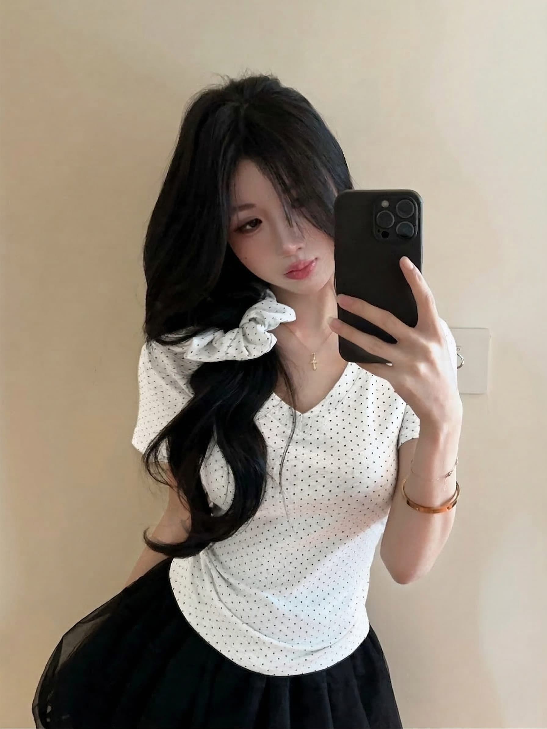실사 정가 새로운 품격 보내기 헤드 로프 별 도트 무늬 V넥 반팔 티셔츠 여성 몸매 가꾸기 슬림해 보이는 다용도 맨위 상세 이미지 4