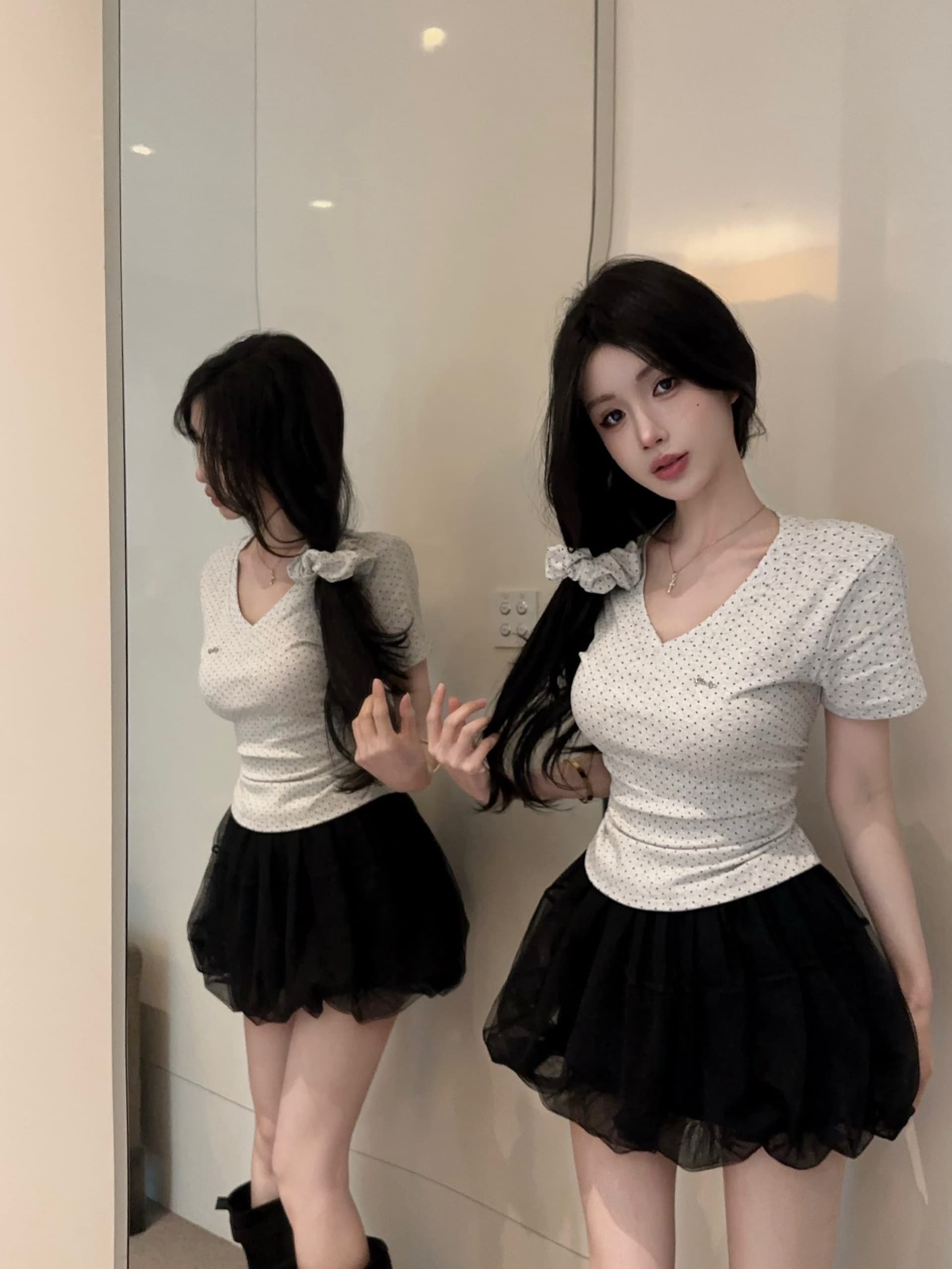 실사 정가 새로운 품격 보내기 헤드 로프 별 도트 무늬 V넥 반팔 티셔츠 여성 몸매 가꾸기 슬림해 보이는 다용도 맨위 상세 이미지 11