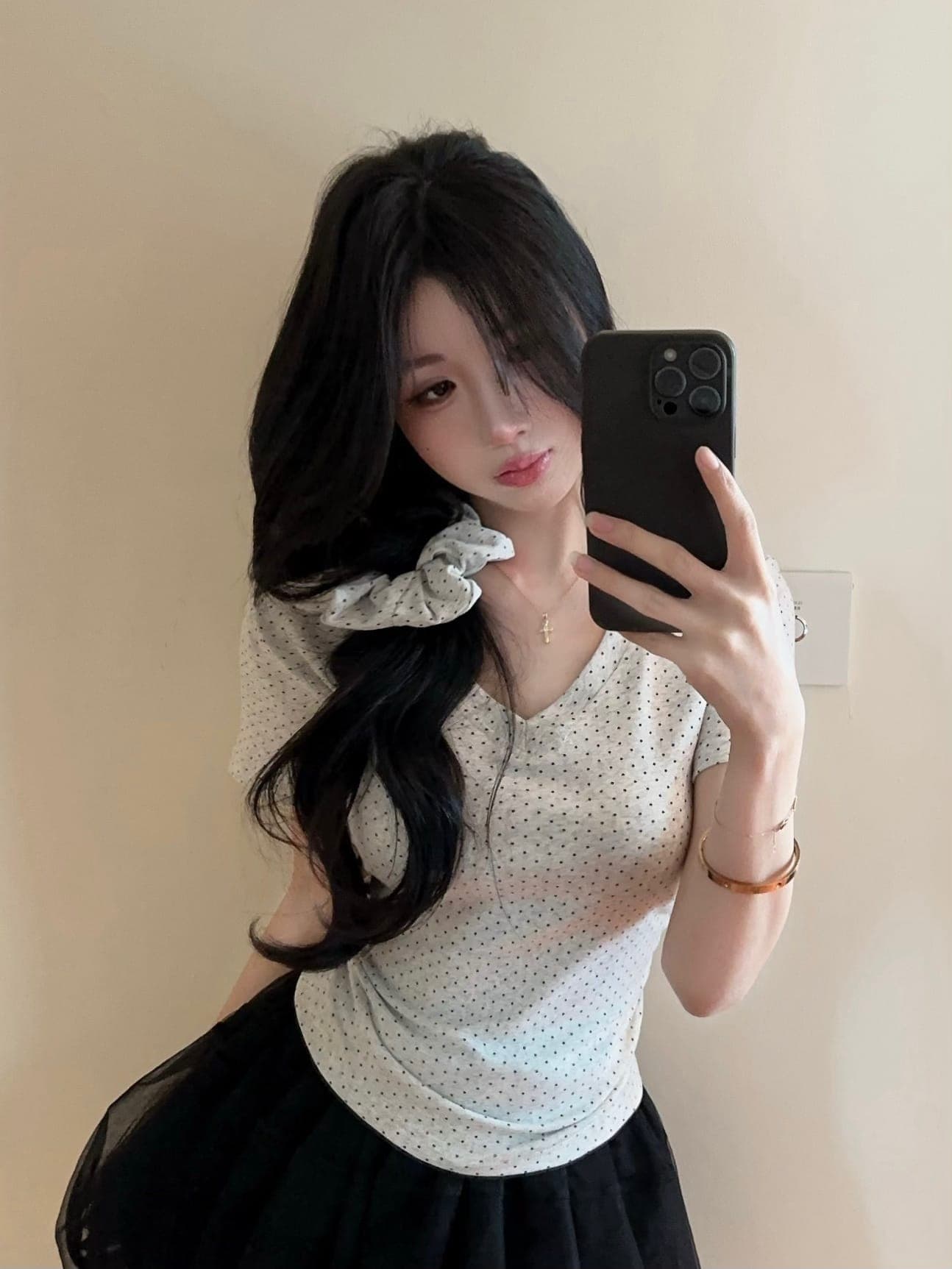 실사 정가 새로운 품격 보내기 헤드 로프 별 도트 무늬 V넥 반팔 티셔츠 여성 몸매 가꾸기 슬림해 보이는 다용도 맨위 상세 이미지 12