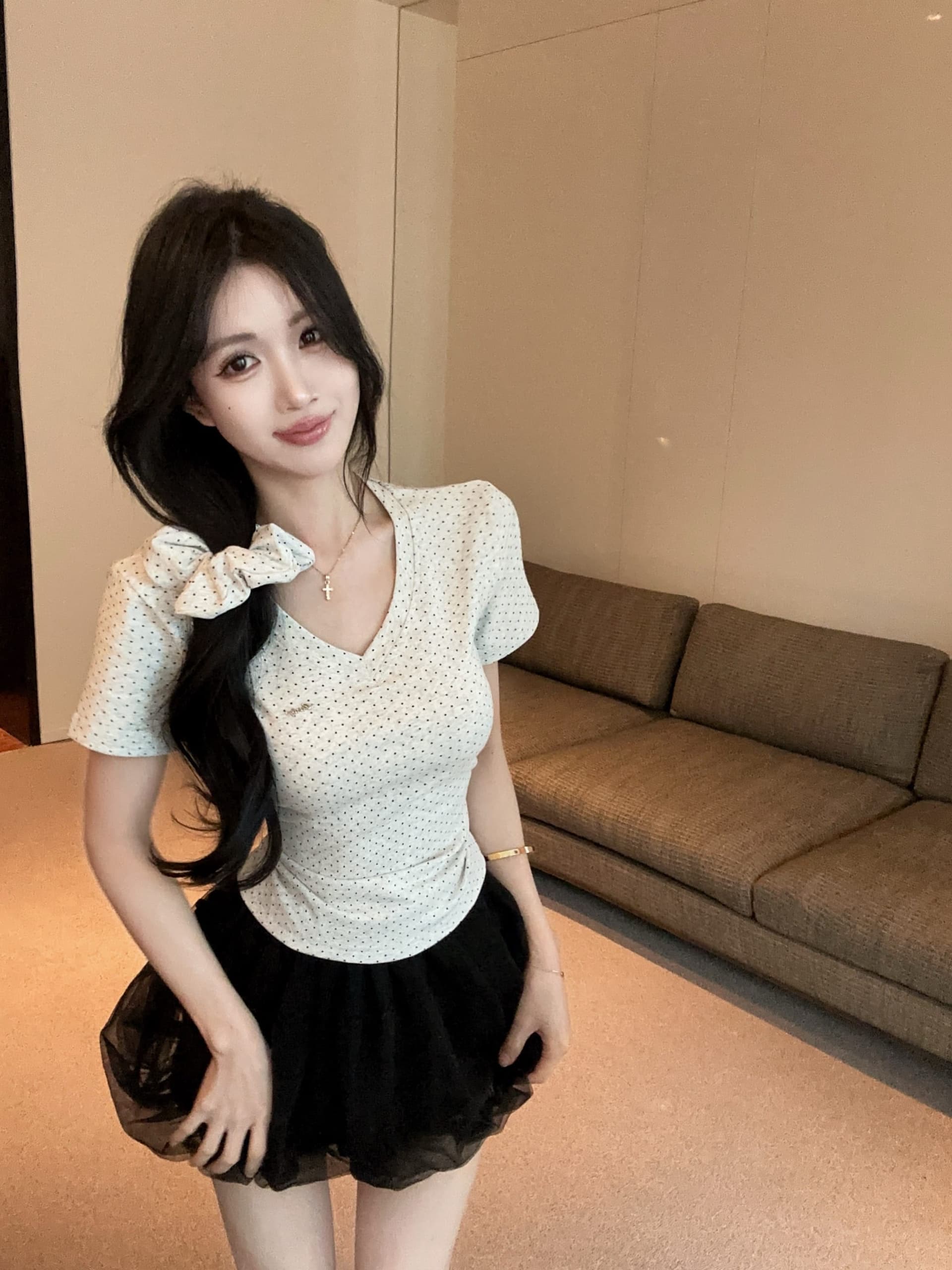 실사 정가 새로운 품격 보내기 헤드 로프 별 도트 무늬 V넥 반팔 티셔츠 여성 몸매 가꾸기 슬림해 보이는 다용도 맨위 상세 이미지 13