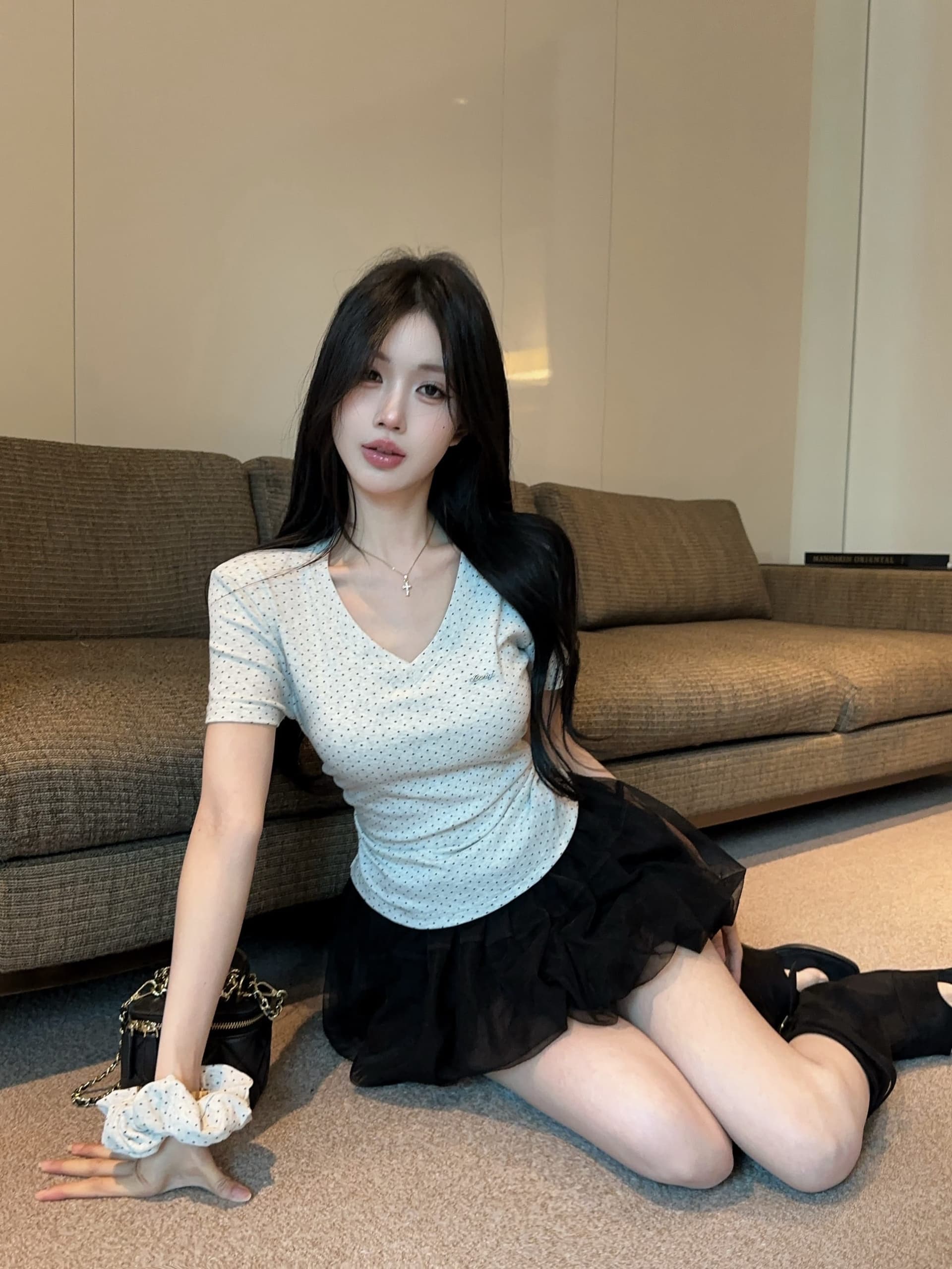 실사 정가 새로운 품격 보내기 헤드 로프 별 도트 무늬 V넥 반팔 티셔츠 여성 몸매 가꾸기 슬림해 보이는 다용도 맨위 상세 이미지 17