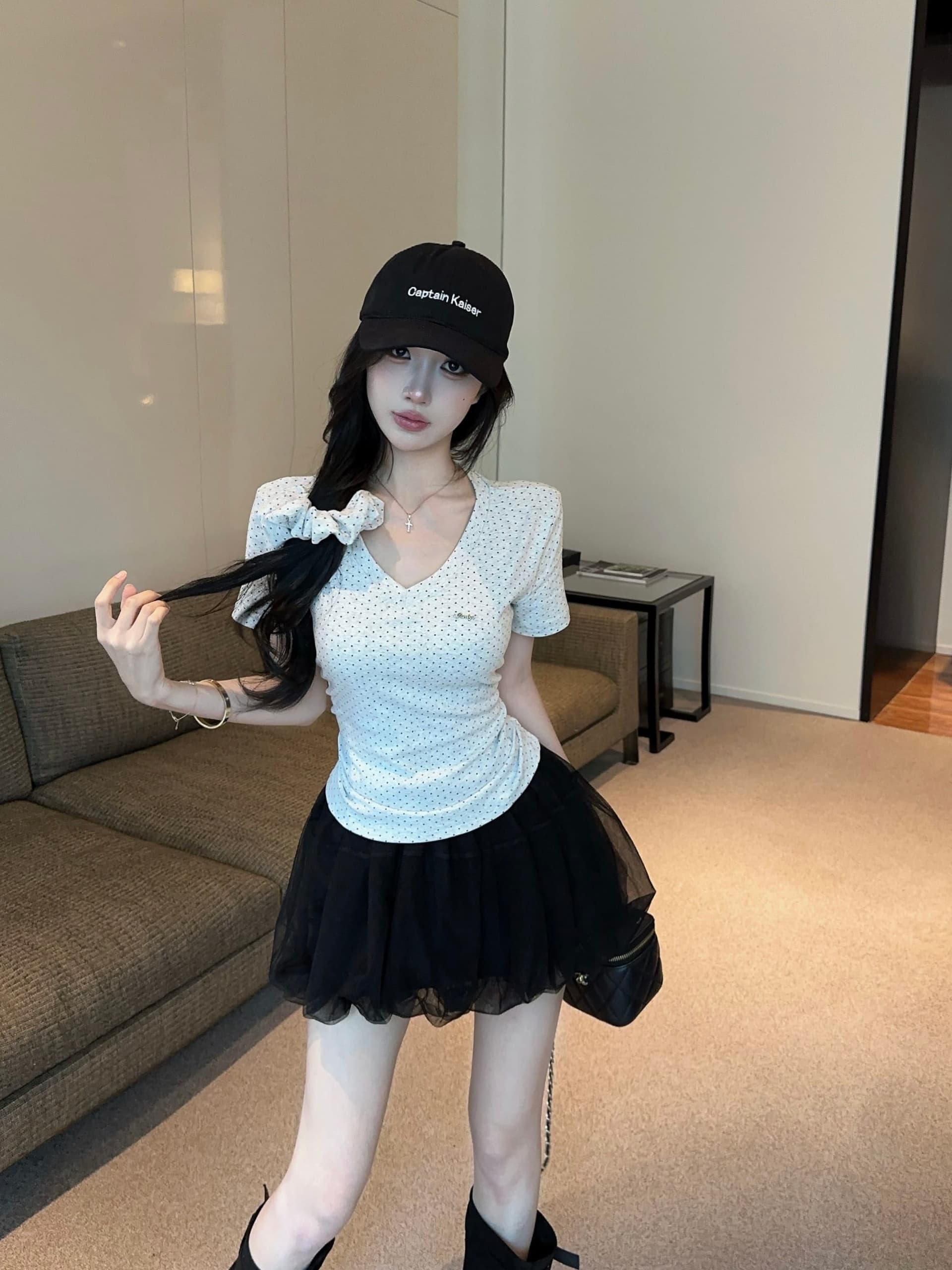 실사 정가 새로운 품격 보내기 헤드 로프 별 도트 무늬 V넥 반팔 티셔츠 여성 몸매 가꾸기 슬림해 보이는 다용도 맨위 상세 이미지 18