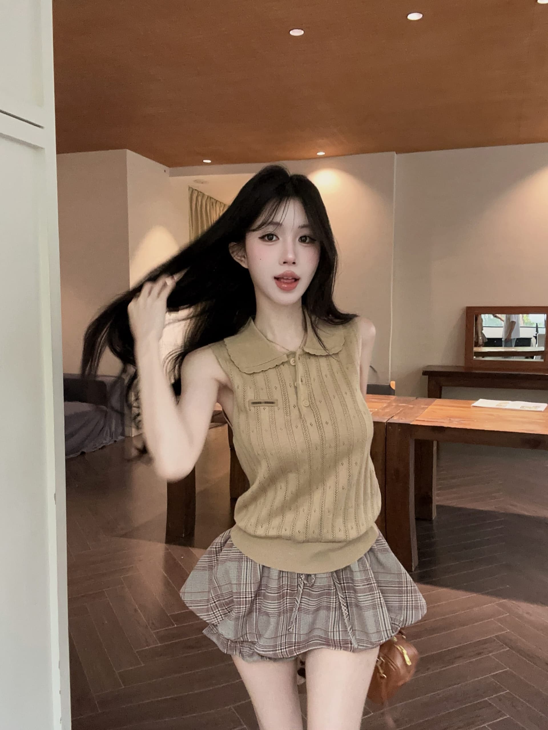 실사 정가 여름 새로운 얼음 실크 민소매 폴로 칼라 니트 스웨터 조끼 맨위 프릴 바지 투피스 슈트 상세 이미지 13