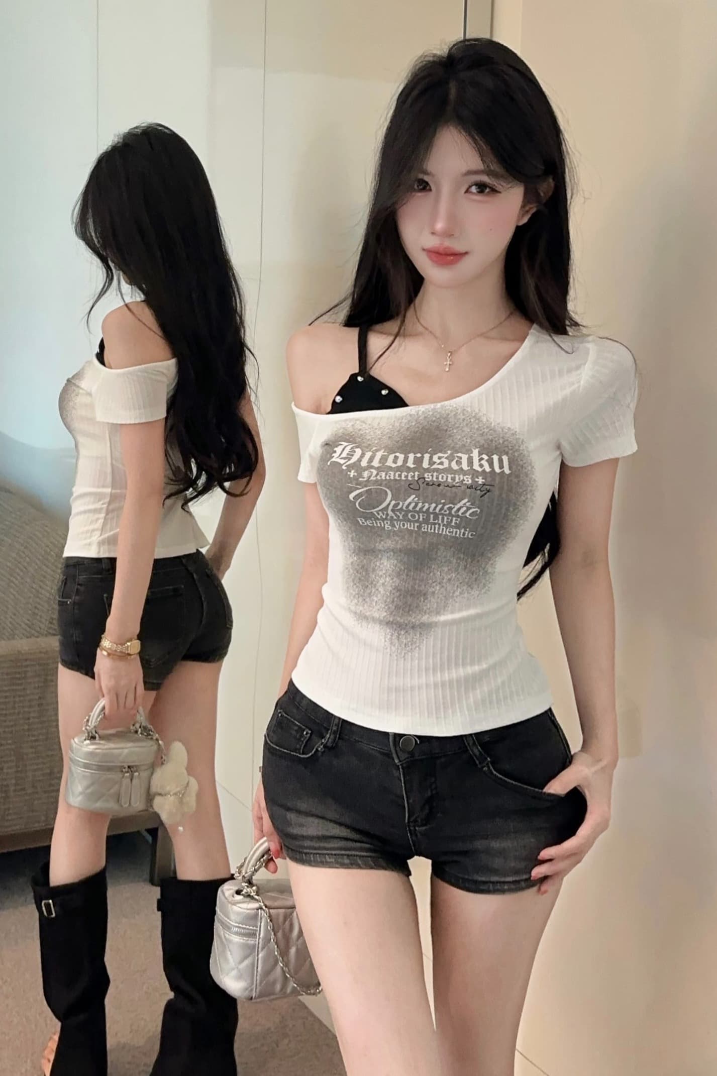 실사 정가 핫걸 다용도 반팔 티셔츠 여성 여름 알파벳 프린트 페이크 레이어드 몸매 가꾸기 슬림해 보이는 기본 셔츠 이미지 6