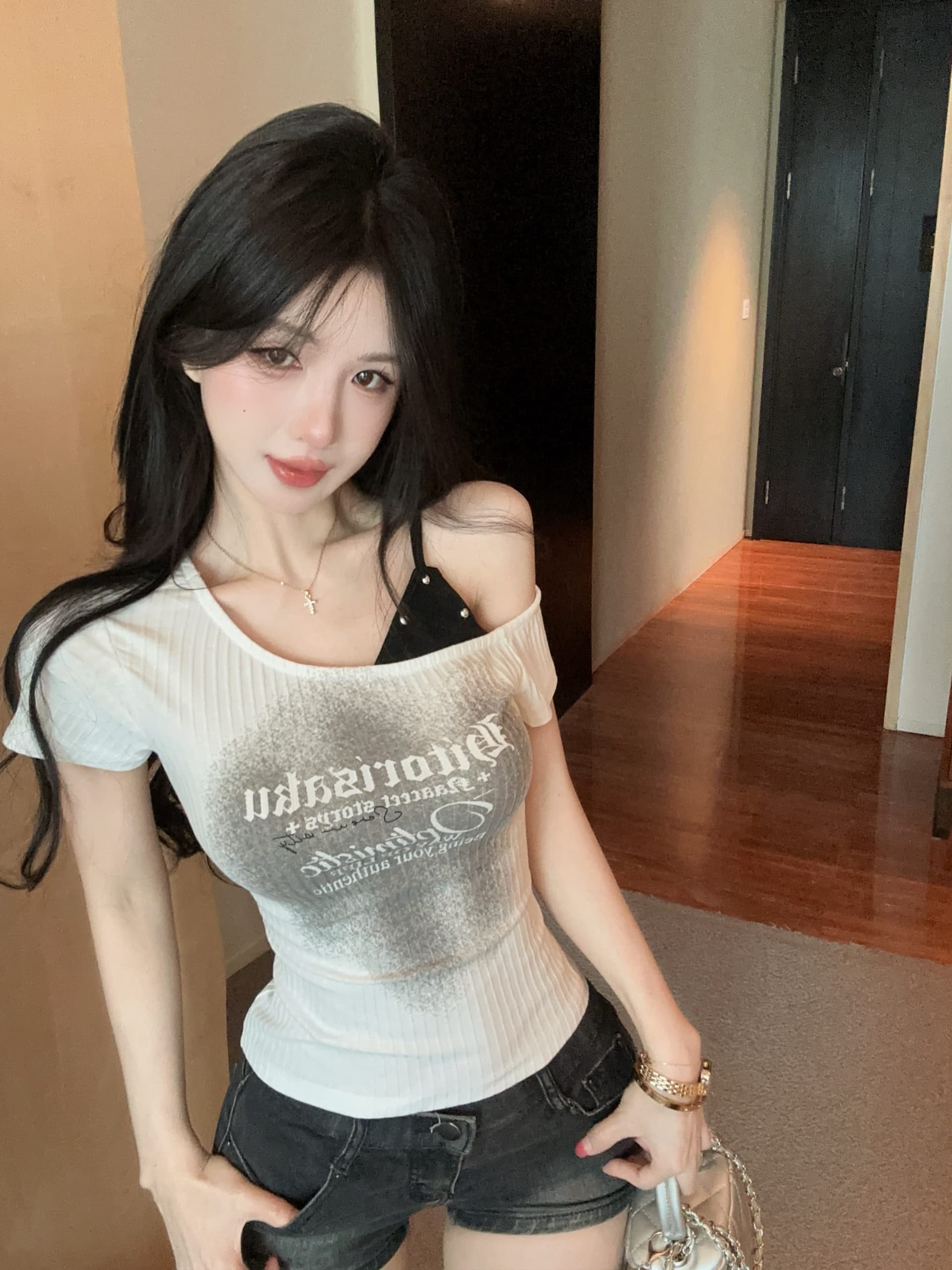 실사 정가 핫걸 다용도 반팔 티셔츠 여성 여름 알파벳 프린트 페이크 레이어드 몸매 가꾸기 슬림해 보이는 기본 셔츠 상세 이미지 6