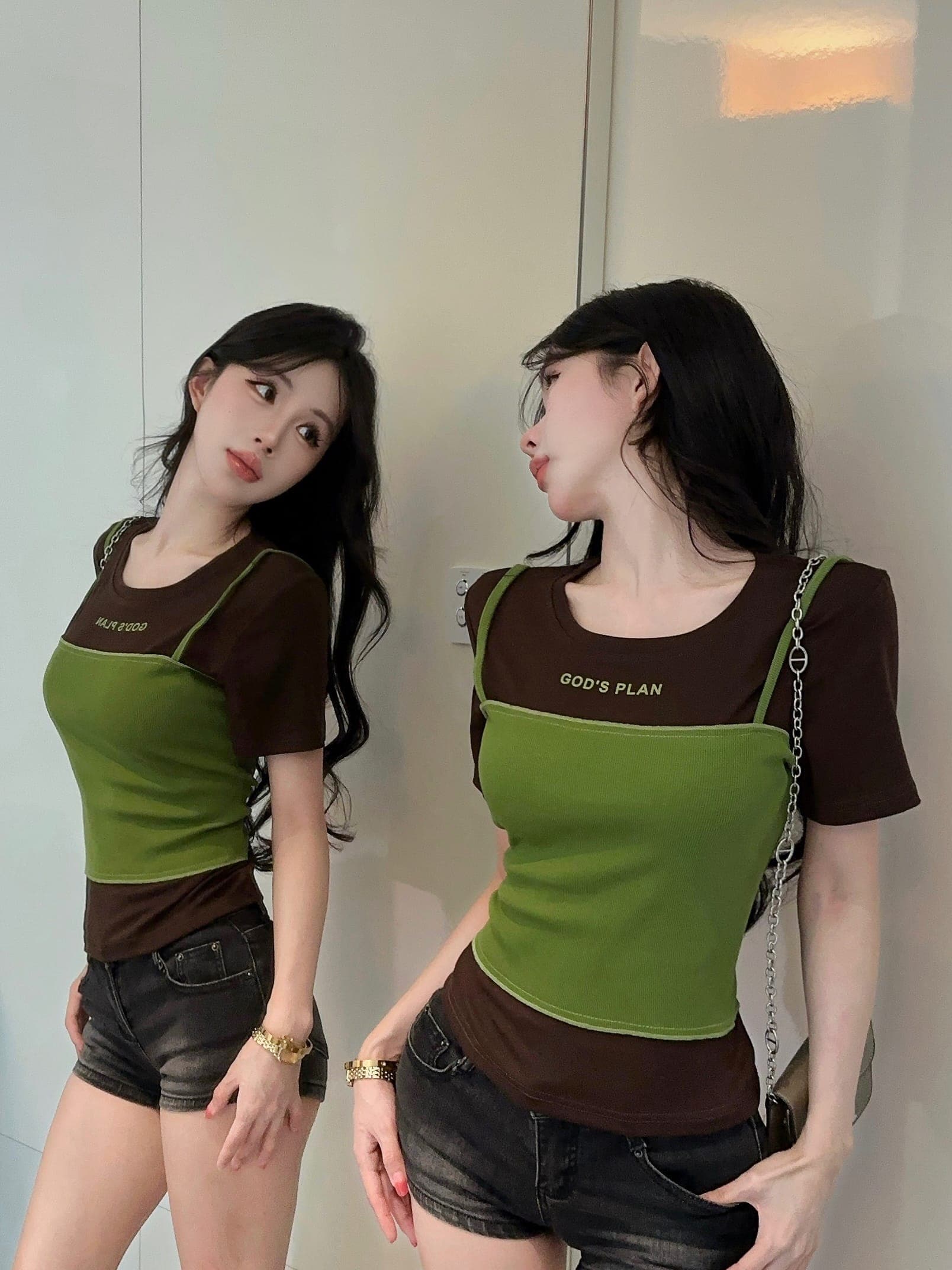 실사 정가 페이크 레이어드 패치워크 배색 알파벳 프린트 티셔츠 여성용 짧은 소매 라운드 넥 몸매 가꾸기 슬림해 보이는 다용도 맨위 이미지 4