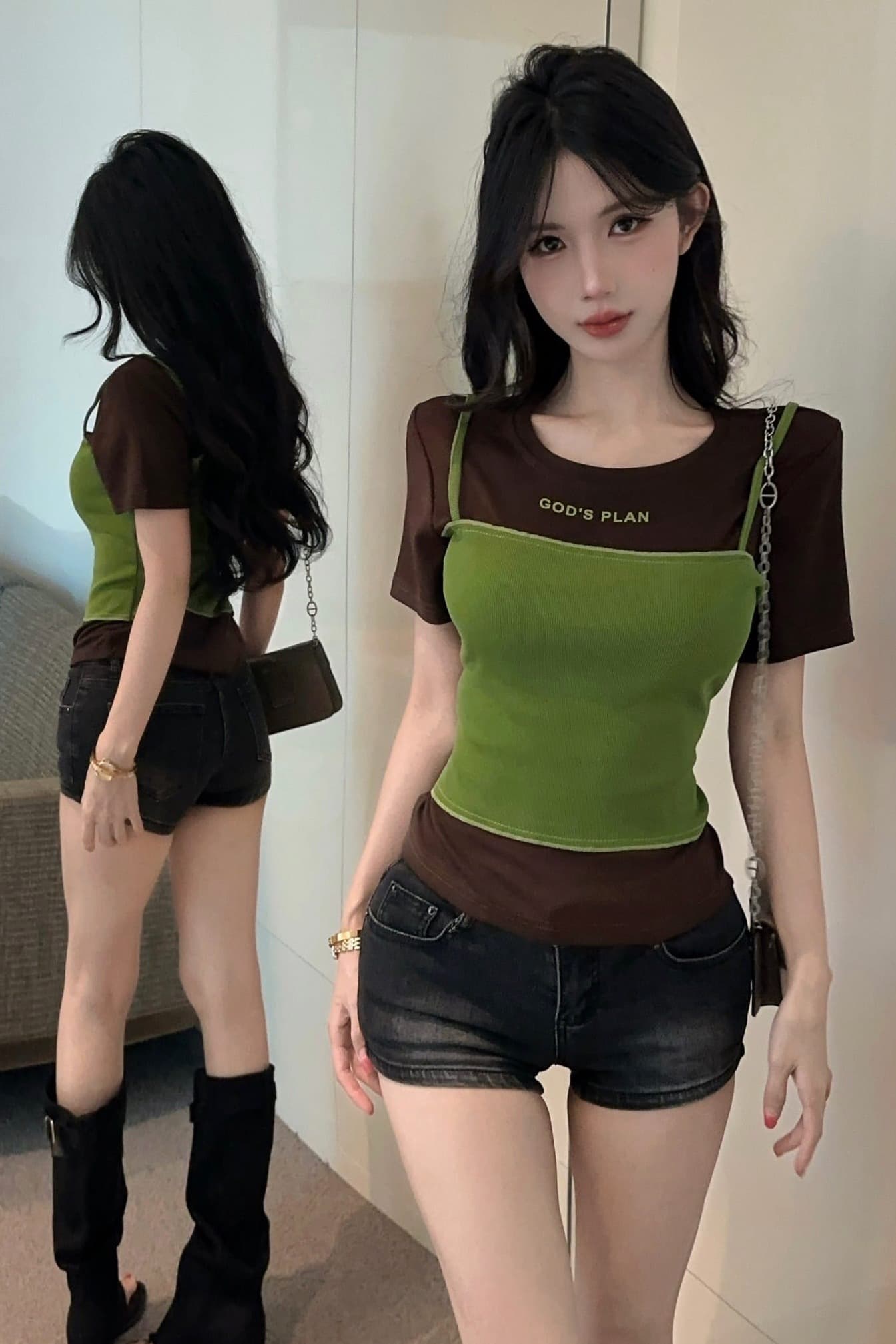 실사 정가 페이크 레이어드 패치워크 배색 알파벳 프린트 티셔츠 여성용 짧은 소매 라운드 넥 몸매 가꾸기 슬림해 보이는 다용도 맨위 이미지 6