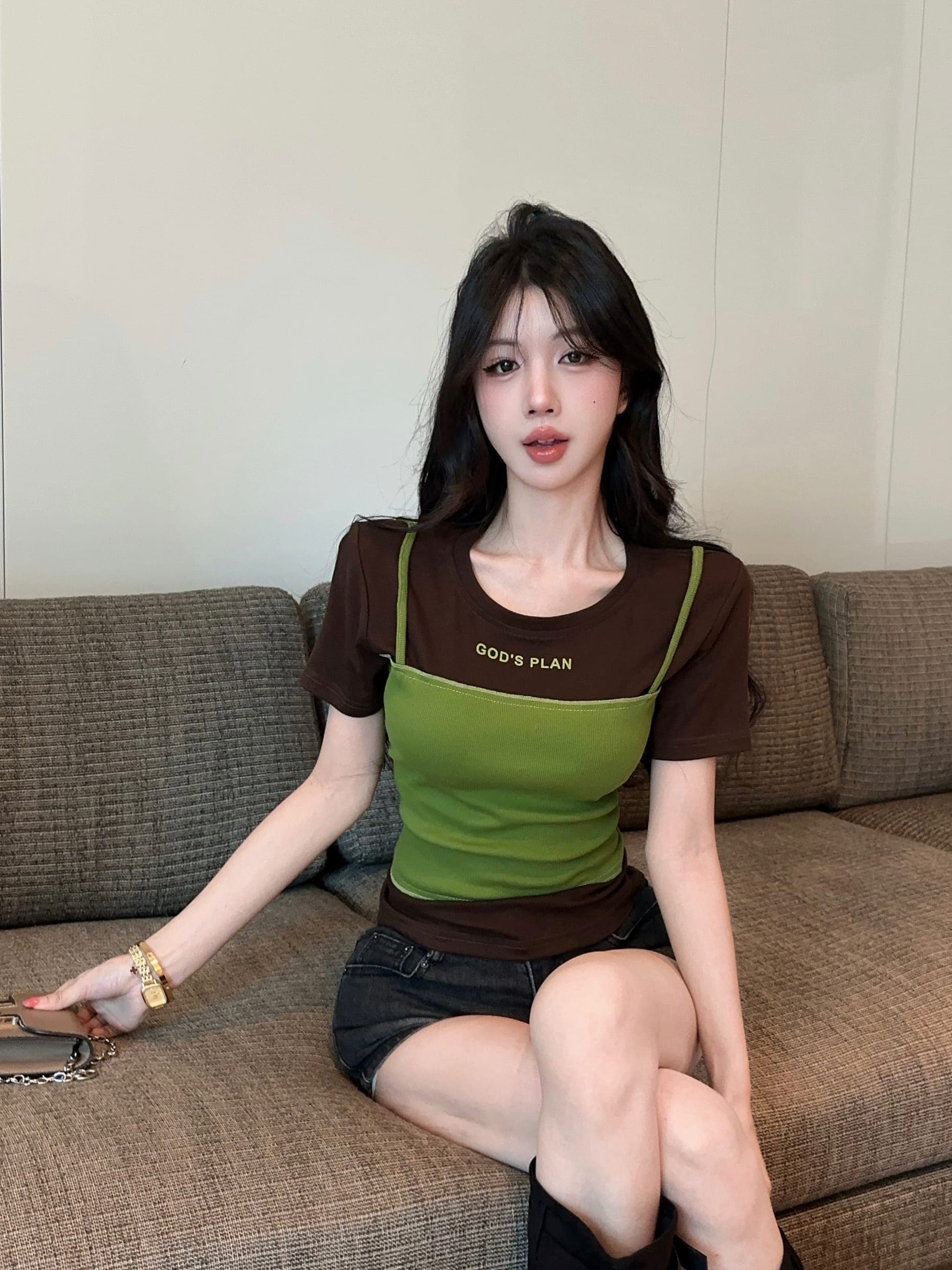 실사 정가 페이크 레이어드 패치워크 배색 알파벳 프린트 티셔츠 여성용 짧은 소매 라운드 넥 몸매 가꾸기 슬림해 보이는 다용도 맨위 상세 이미지 5