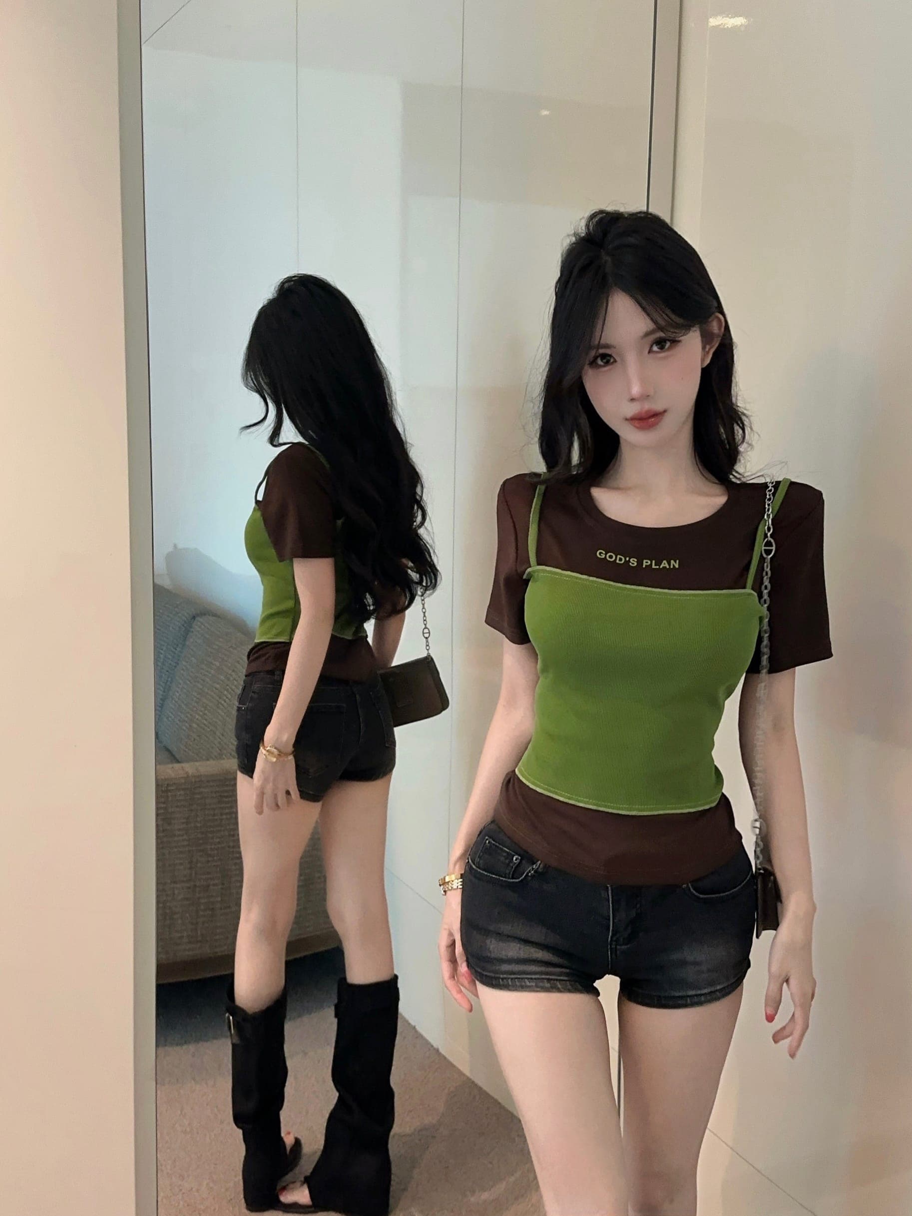 실사 정가 페이크 레이어드 패치워크 배색 알파벳 프린트 티셔츠 여성용 짧은 소매 라운드 넥 몸매 가꾸기 슬림해 보이는 다용도 맨위 상세 이미지 8