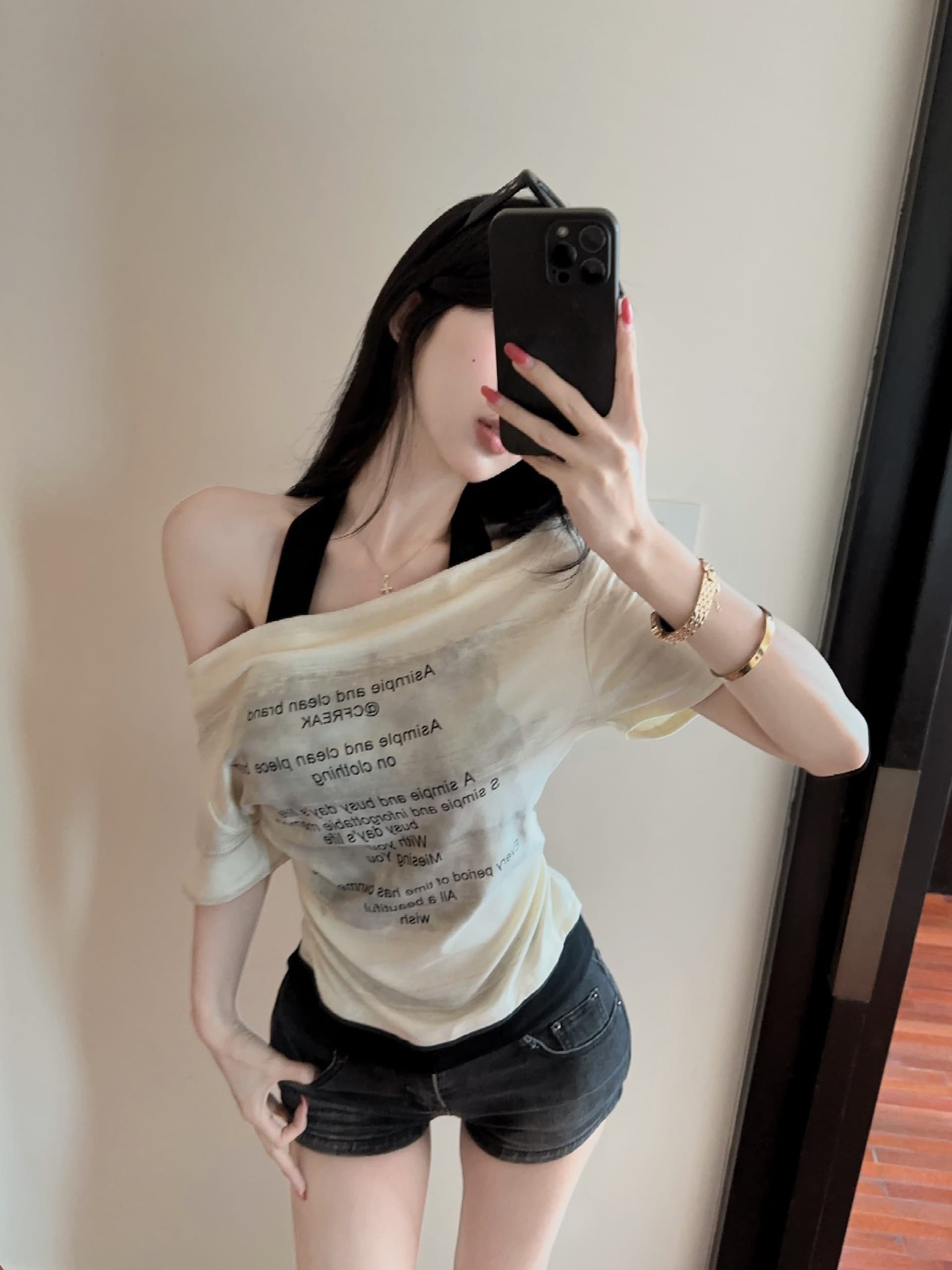실사 정가 디자인 센스 작은 대중 보트넥 페이크 레이어드 행침 목 티셔츠 여성용 짧은 소매 알파벳 프린트 슬림해 보이는 맨위 이미지 4