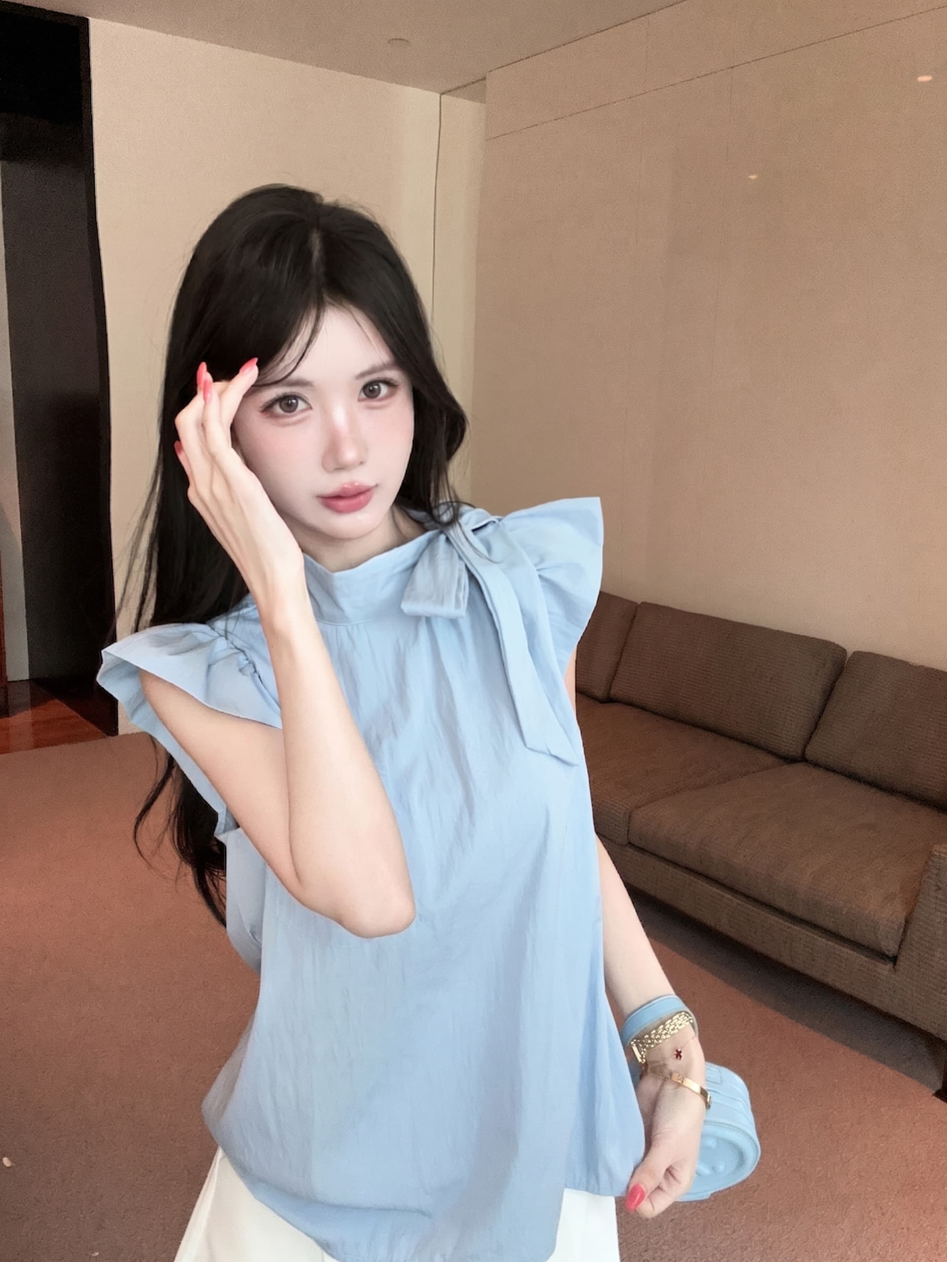 실사 정가 디자인 센스 Feifei 소매 레이스 업 셔츠 슬림해 보이는 바지 투피스 슈트 이미지 2