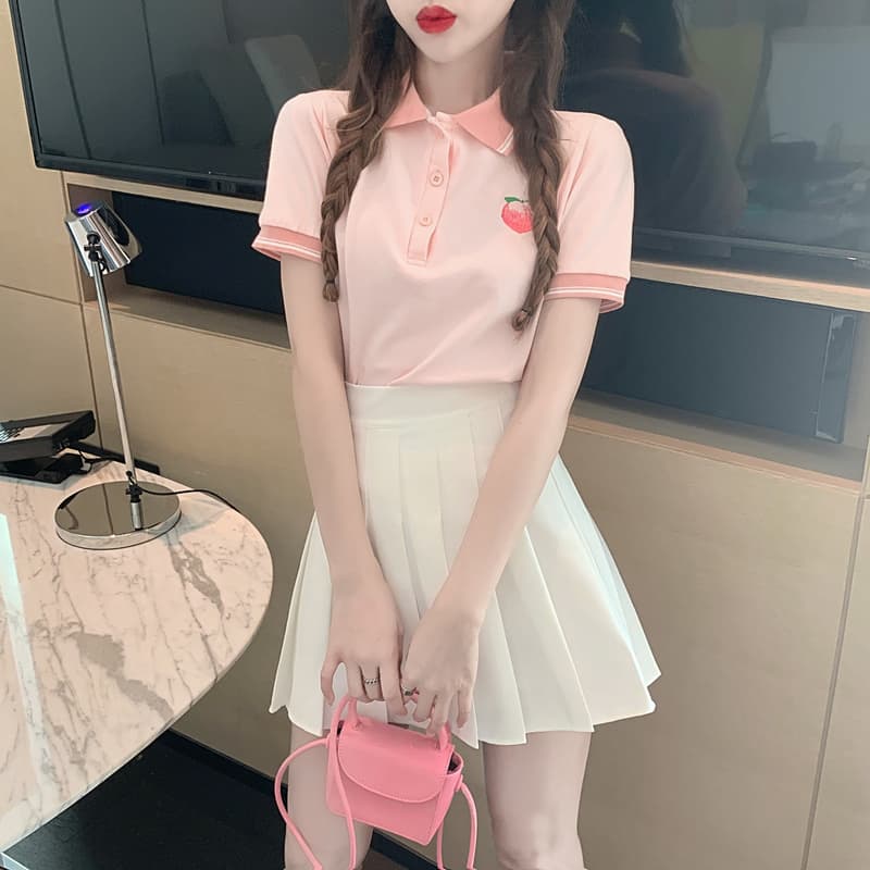 실사 정가 여름 차가운 연령 감소 폴로 칼라 자수 티셔츠 여성 스트라이프 배색 POLO 칼라 맨위 이미지 3