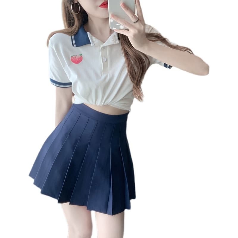 실사 정가 여름 차가운 연령 감소 폴로 칼라 자수 티셔츠 여성 스트라이프 배색 POLO 칼라 맨위 이미지 5