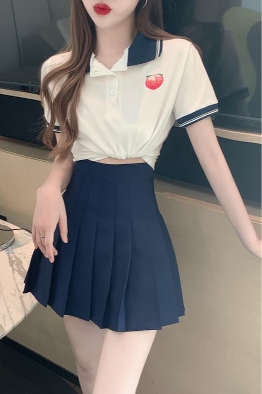실사 정가 여름 차가운 연령 감소 폴로 칼라 자수 티셔츠 여성 스트라이프 배색 POLO 칼라 맨위 이미지 6