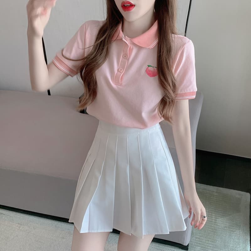 실사 정가 여름 차가운 연령 감소 폴로 칼라 자수 티셔츠 여성 스트라이프 배색 POLO 칼라 맨위 상세 이미지 1