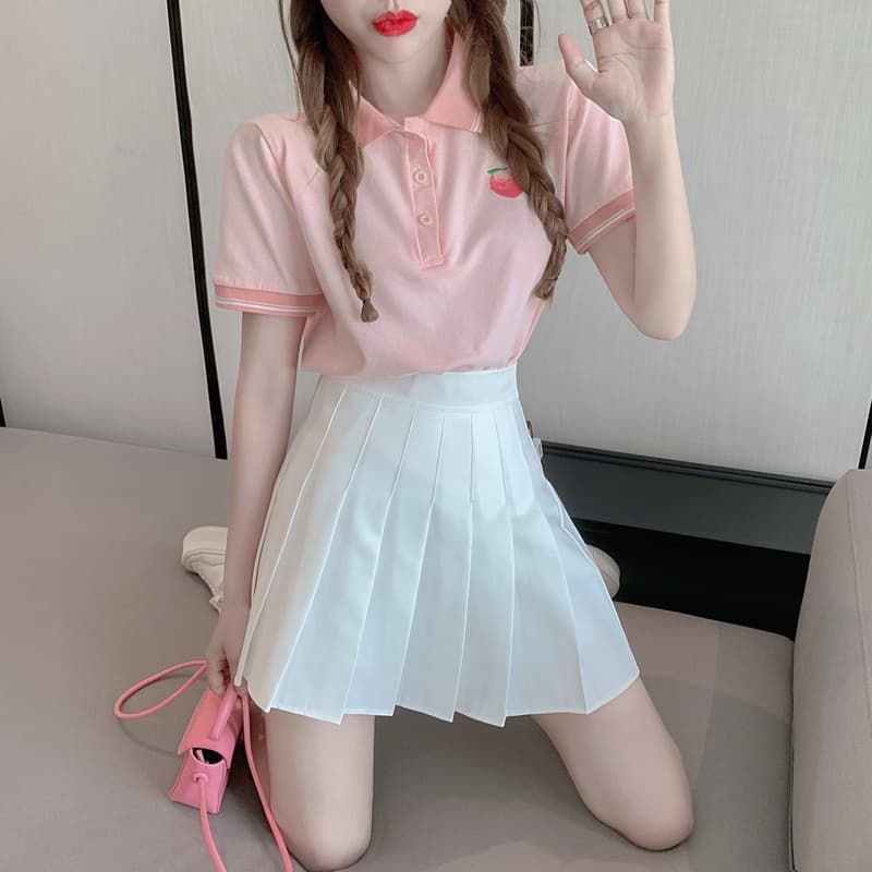 실사 정가 여름 차가운 연령 감소 폴로 칼라 자수 티셔츠 여성 스트라이프 배색 POLO 칼라 맨위 상세 이미지 6