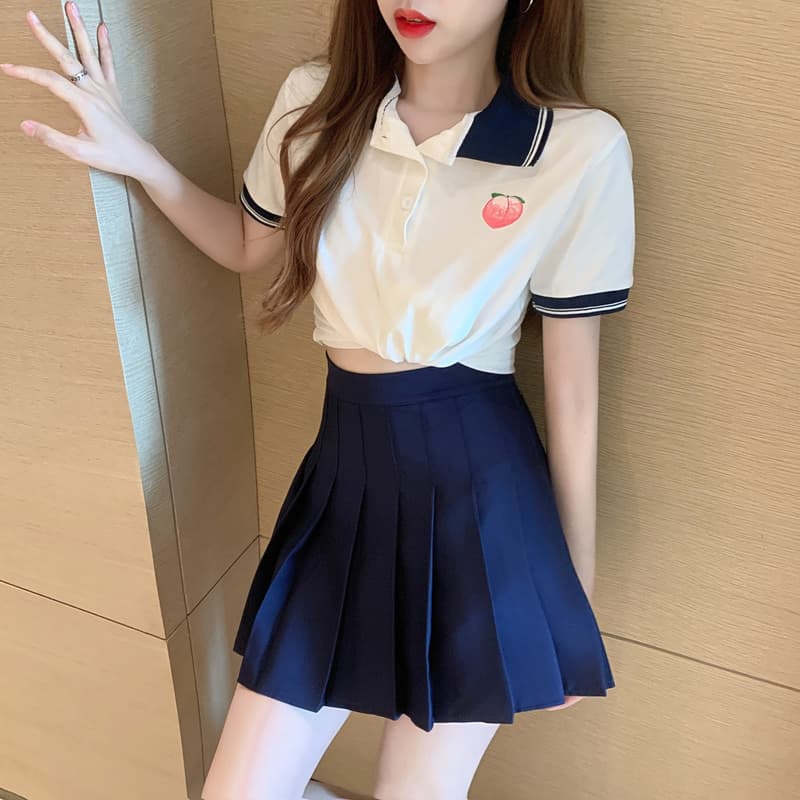 실사 정가 여름 차가운 연령 감소 폴로 칼라 자수 티셔츠 여성 스트라이프 배색 POLO 칼라 맨위 상세 이미지 10