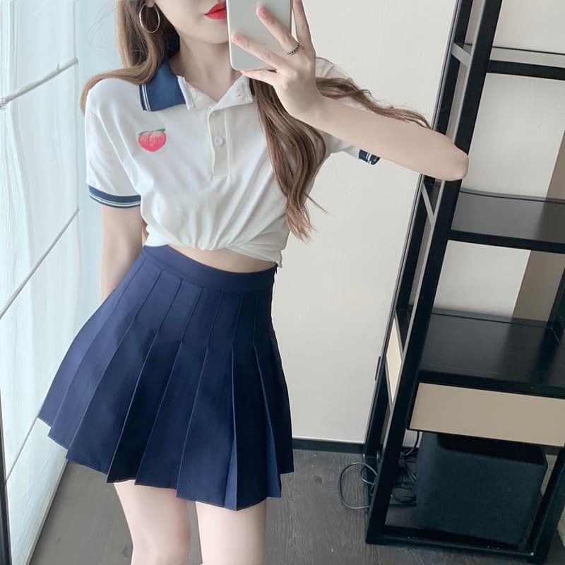 실사 정가 여름 차가운 연령 감소 폴로 칼라 자수 티셔츠 여성 스트라이프 배색 POLO 칼라 맨위 상세 이미지 11
