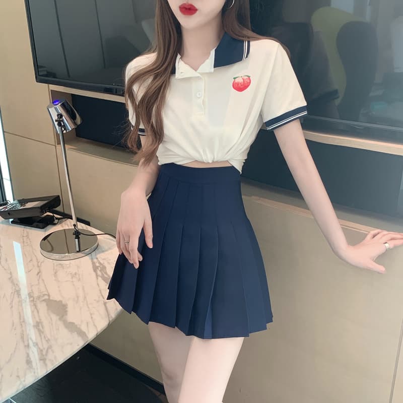 실사 정가 여름 차가운 연령 감소 폴로 칼라 자수 티셔츠 여성 스트라이프 배색 POLO 칼라 맨위 상세 이미지 12