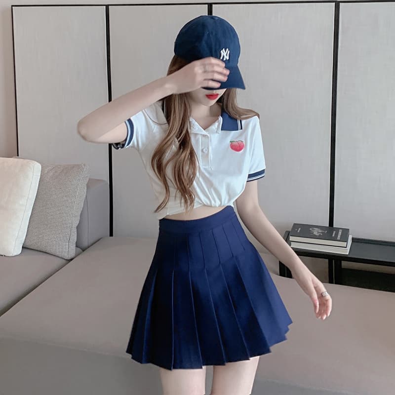 실사 정가 여름 차가운 연령 감소 폴로 칼라 자수 티셔츠 여성 스트라이프 배색 POLO 칼라 맨위 이미지 2