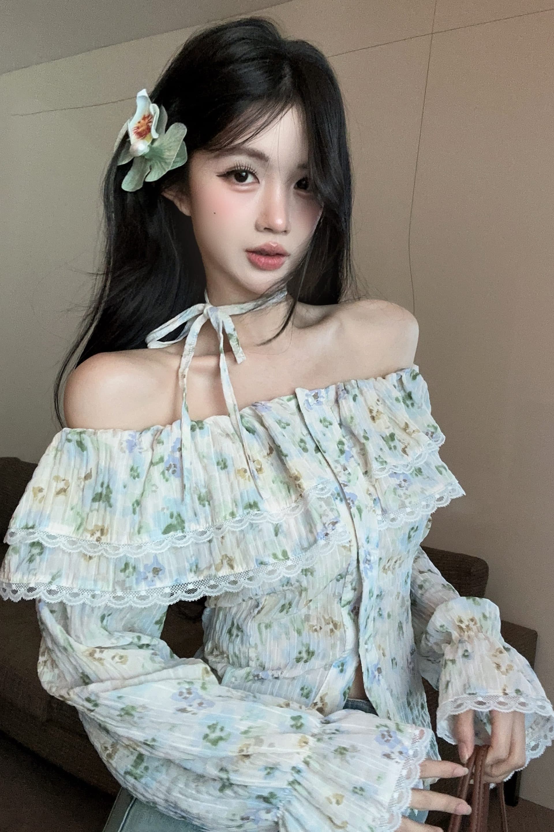 실사 정가 이른 가을 새로운 오프숄더 꽃무늬 레이스 레이스 쉬폰 블라우스 긴팔 맨위 여성 꼬집기 허리 셔츠 이미지 6