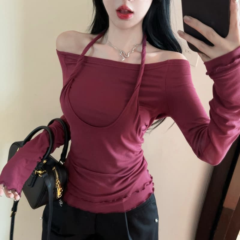 실사 정가 가을 행침 목 페이크 레이어드 핫걸 패션 티셔츠 맨위 보트넥 오프숄더 기본 셔츠 여성 트렌디 이미지 5