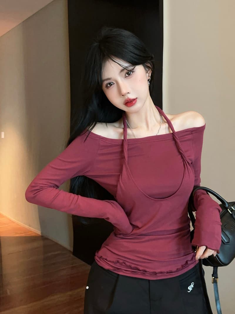 실사 정가 가을 행침 목 페이크 레이어드 핫걸 패션 티셔츠 맨위 보트넥 오프숄더 기본 셔츠 여성 트렌디 상세 이미지 1