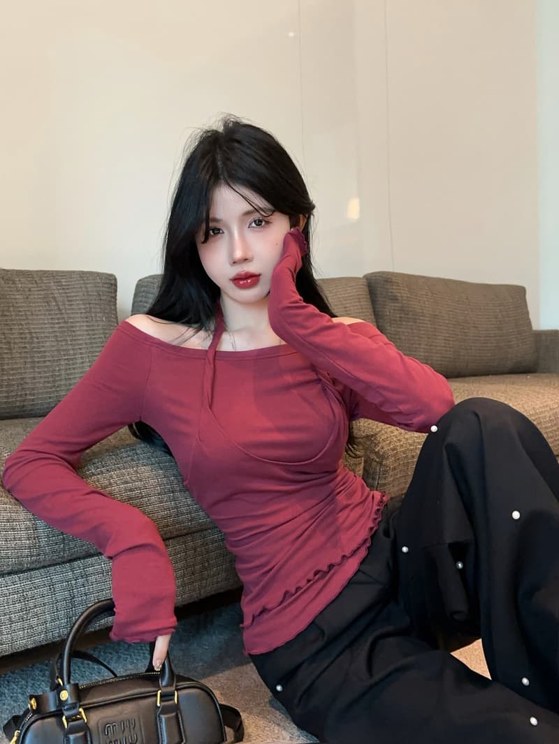 실사 정가 가을 행침 목 페이크 레이어드 핫걸 패션 티셔츠 맨위 보트넥 오프숄더 기본 셔츠 여성 트렌디 상세 이미지 2