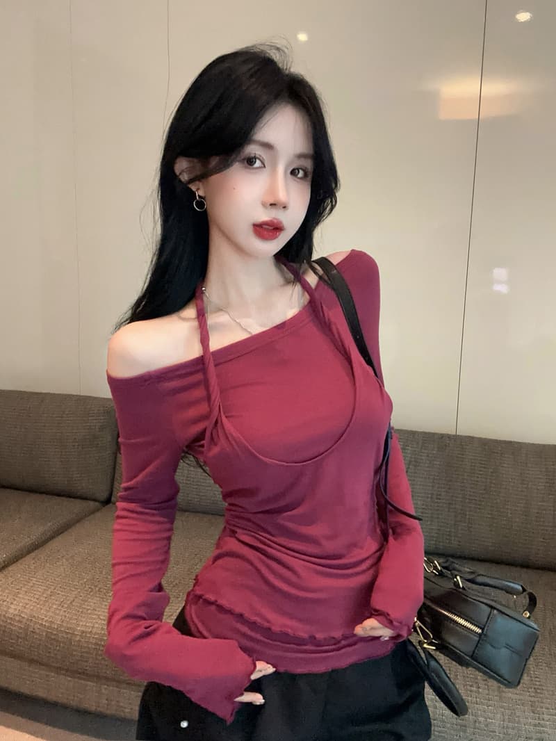 실사 정가 가을 행침 목 페이크 레이어드 핫걸 패션 티셔츠 맨위 보트넥 오프숄더 기본 셔츠 여성 트렌디 상세 이미지 3