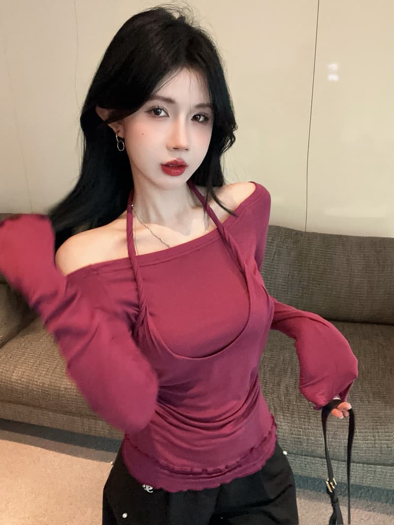 실사 정가 가을 행침 목 페이크 레이어드 핫걸 패션 티셔츠 맨위 보트넥 오프숄더 기본 셔츠 여성 트렌디 상세 이미지 4
