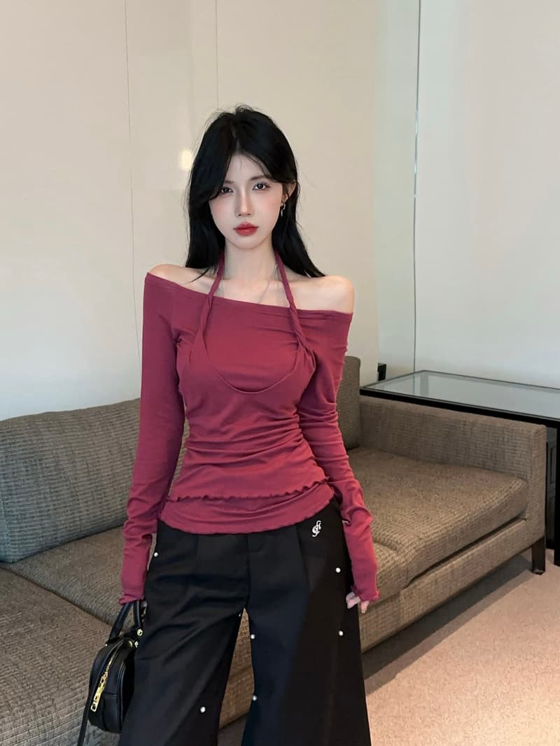 실사 정가 가을 행침 목 페이크 레이어드 핫걸 패션 티셔츠 맨위 보트넥 오프숄더 기본 셔츠 여성 트렌디 상세 이미지 9
