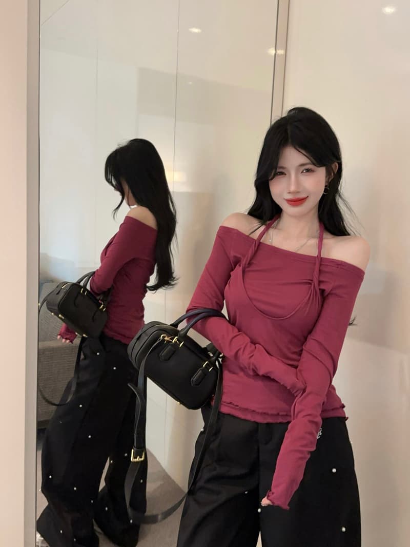 실사 정가 가을 행침 목 페이크 레이어드 핫걸 패션 티셔츠 맨위 보트넥 오프숄더 기본 셔츠 여성 트렌디 상세 이미지 10