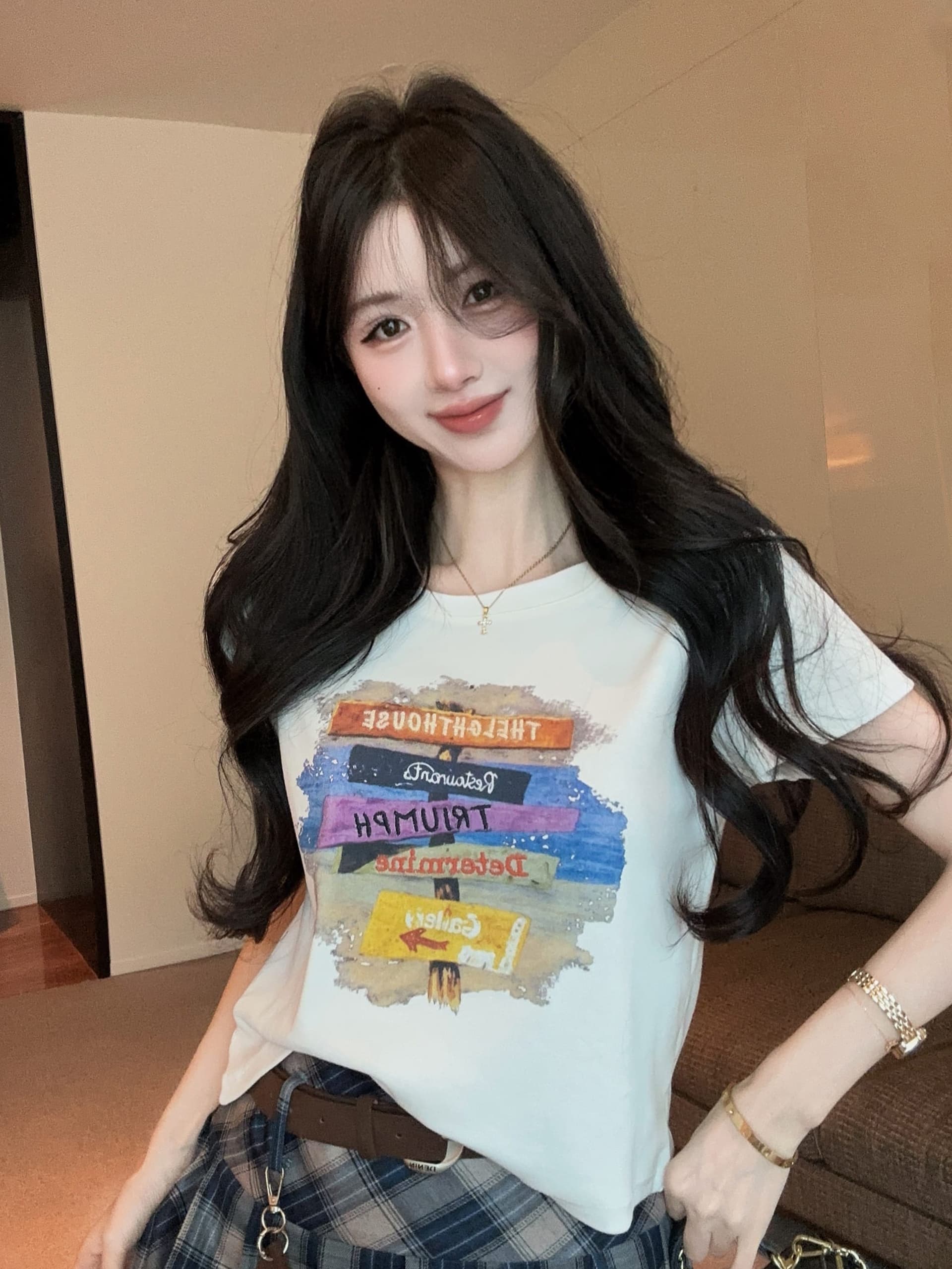 실사 정가 벨트 행침 장식 자수 알파벳 프린트 라운드 넥 반팔 티셔츠 여성 하이웨이스트 플리츠 스커트 투피스 슈트